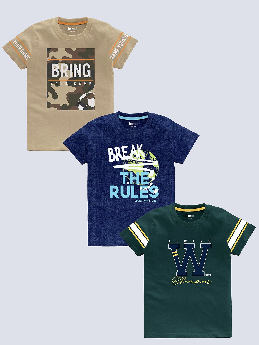 

BAESD Boys Pack Of 3 Typography Printed Pure Cotton T-shirt, Beige