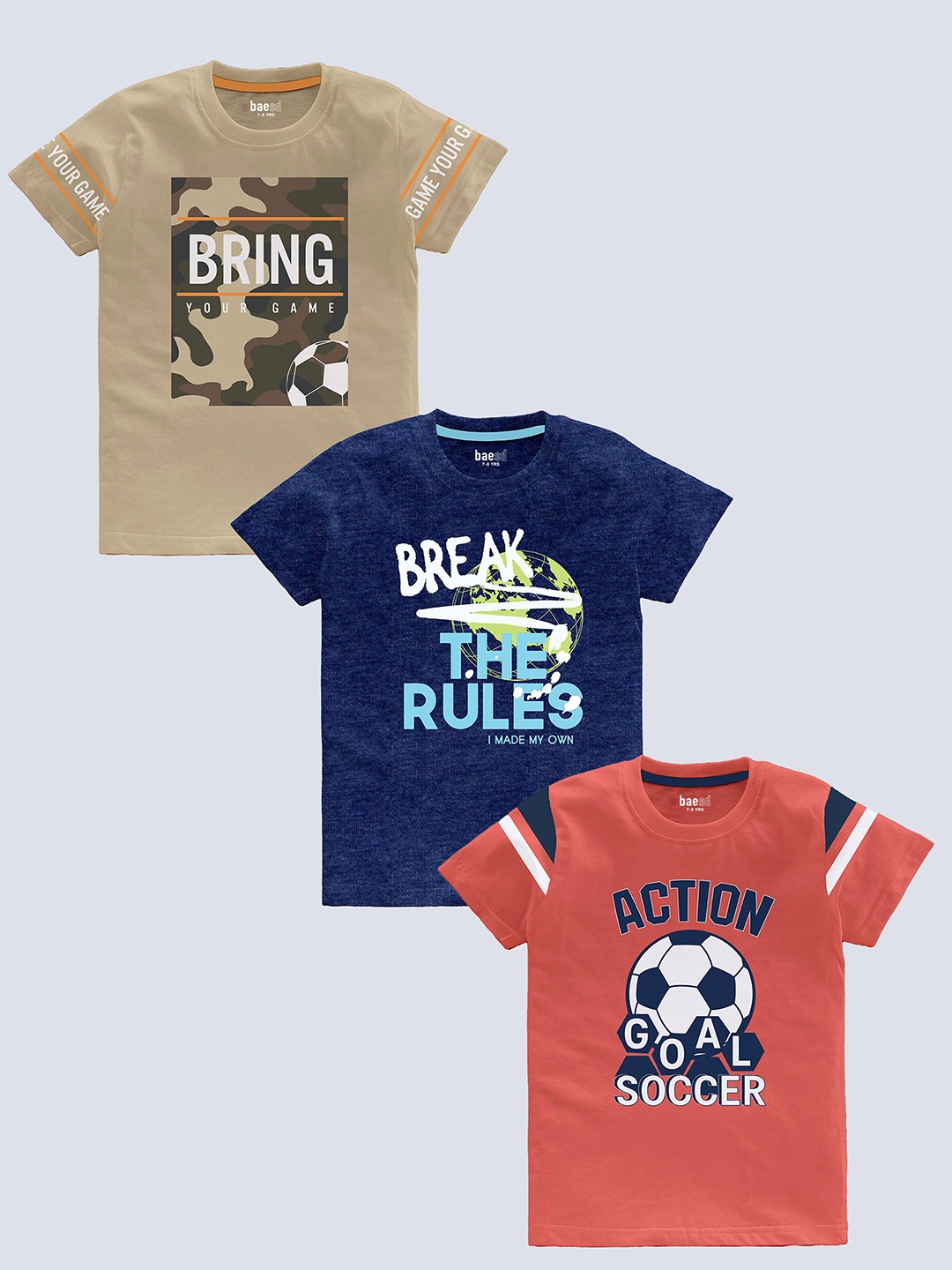 

BAESD Boys Pack Of 3 Typography Printed Pure Cotton T-shirt, Beige
