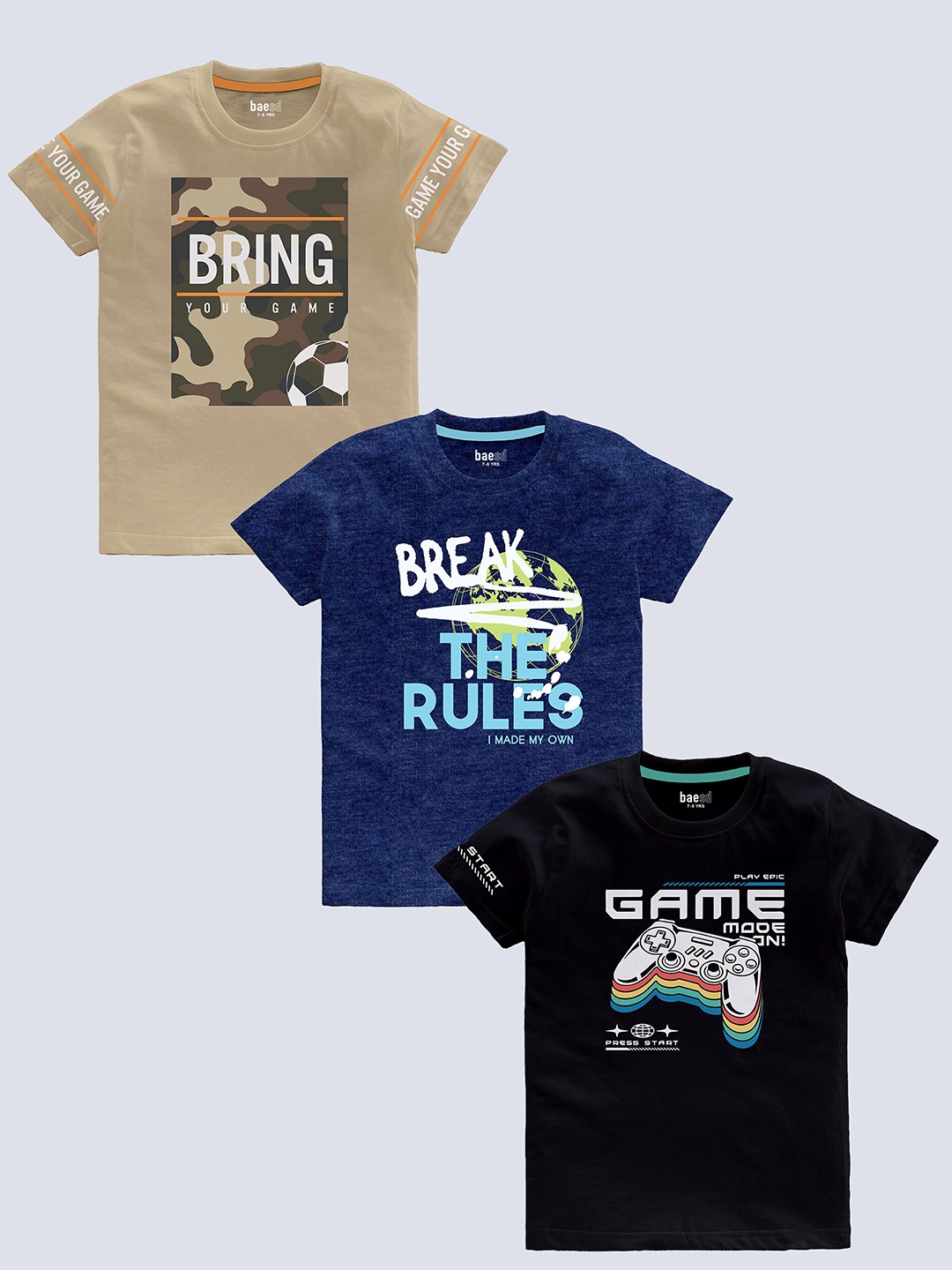 

BAESD Boys Pack Of 3 Typography Printed Pure Cotton T-shirt, Beige