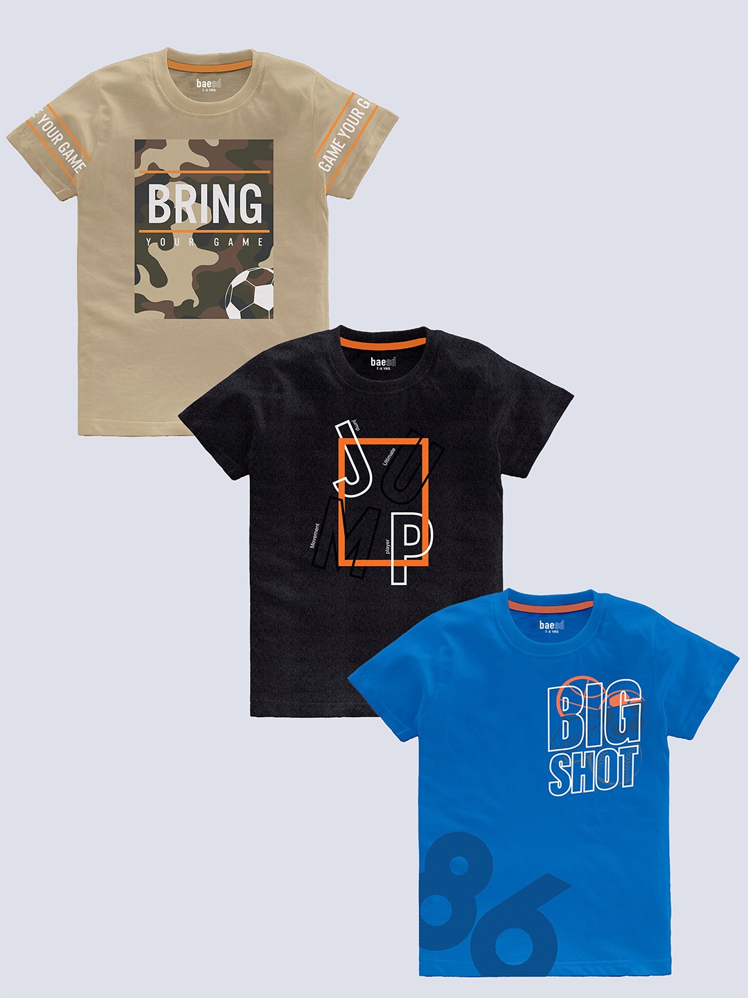 

BAESD Boys Pack Of 3 Typography Printed Pure Cotton T-shirt, Beige