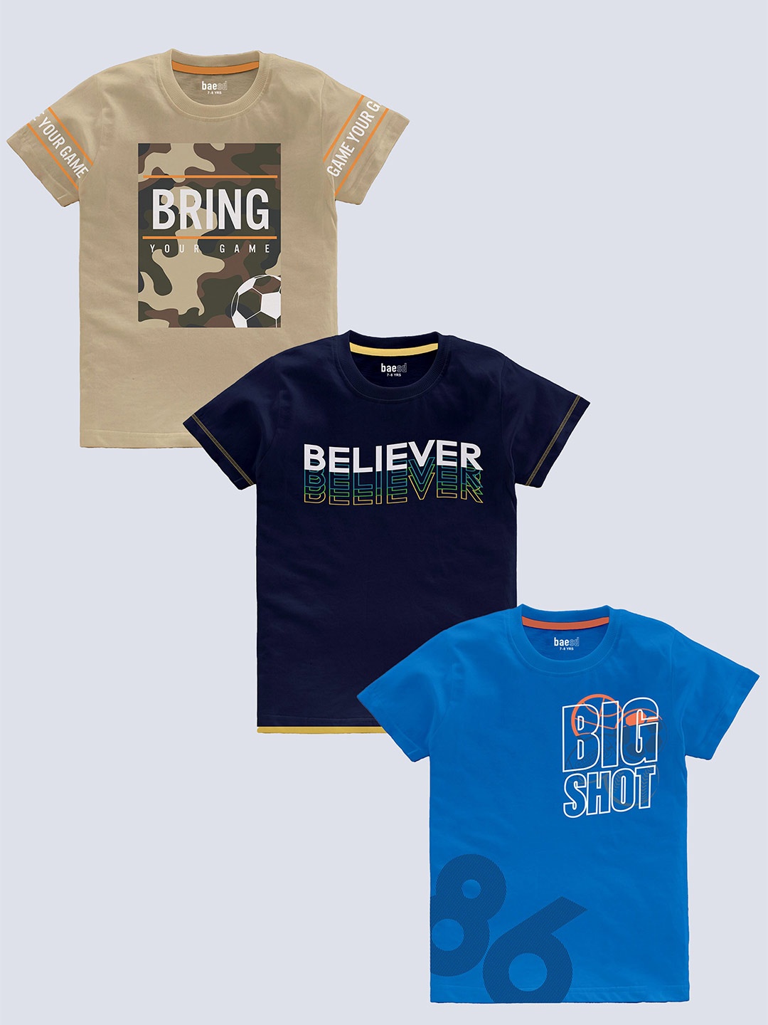 

BAESD Boys Pack Of 3 Typography Printed Pure Cotton T-shirt, Blue