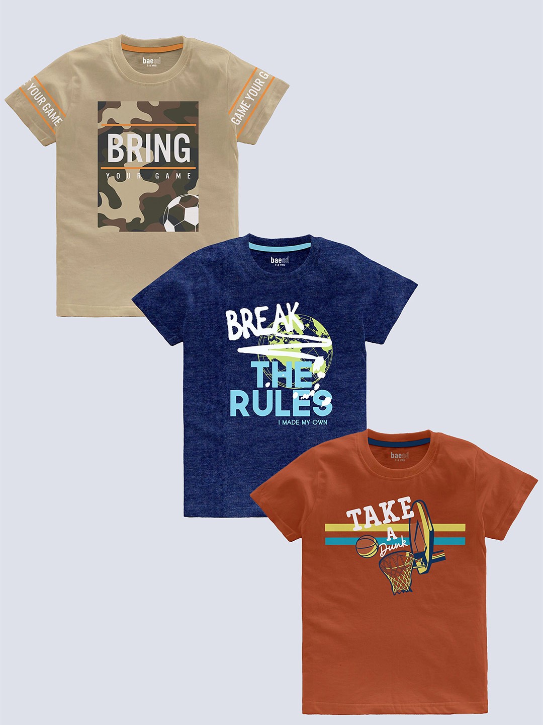 

BAESD Boys Pack Of 3 Typography Printed Pure Cotton T-shirt, Blue