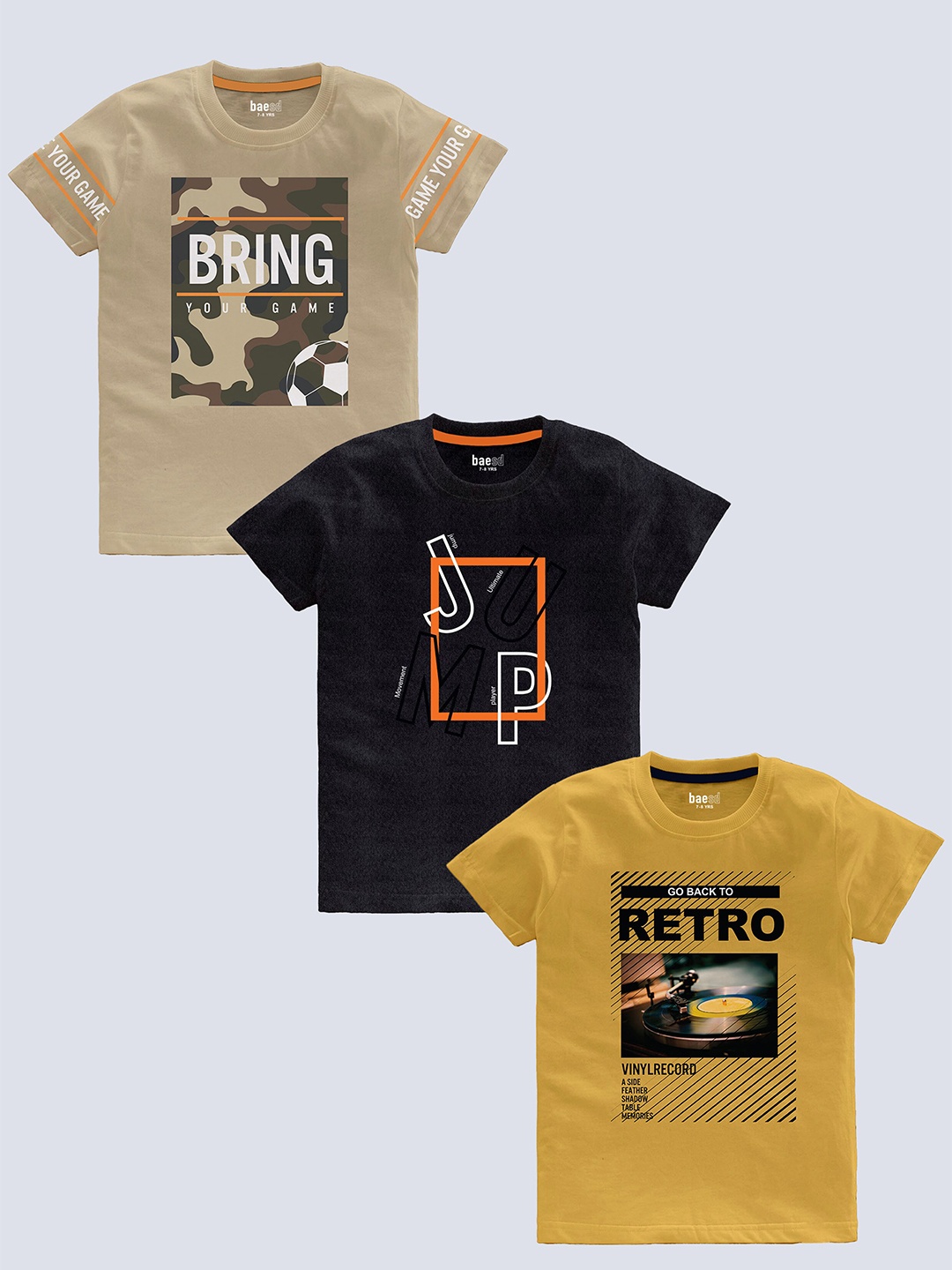 

BAESD Boys Pack Of 3 Typography Printed Pure Cotton Casual T-shirt, Beige