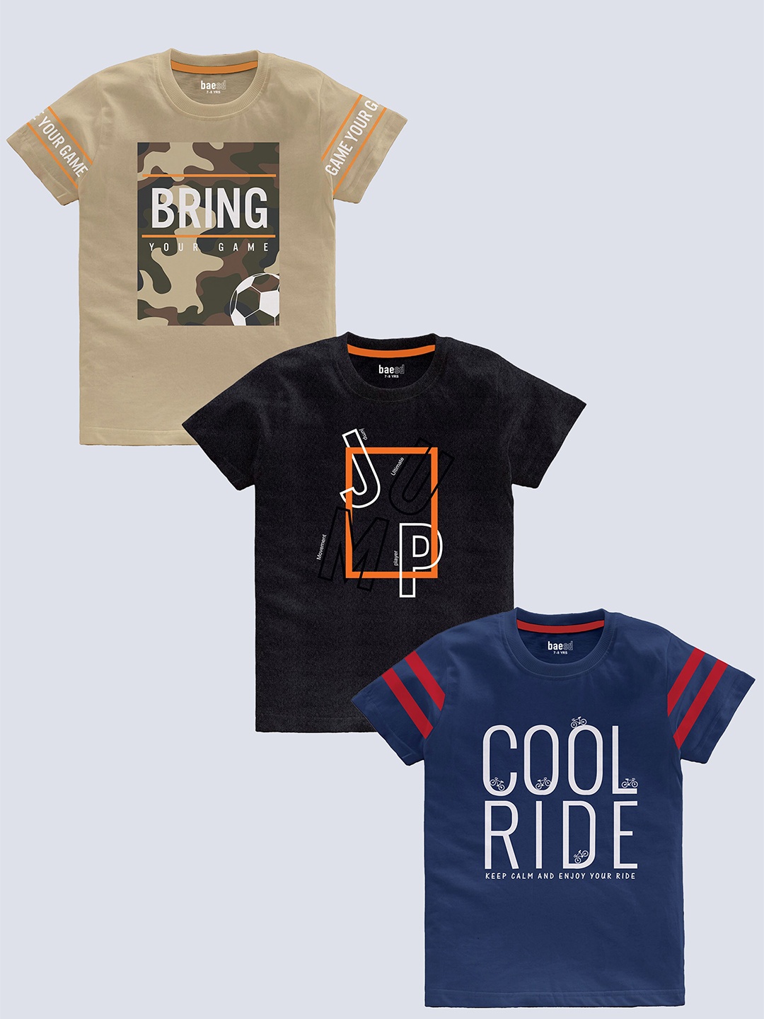 

BAESD Boys Pack Of 3 Typography Printed Pure Cotton Casual T-shirt, Beige
