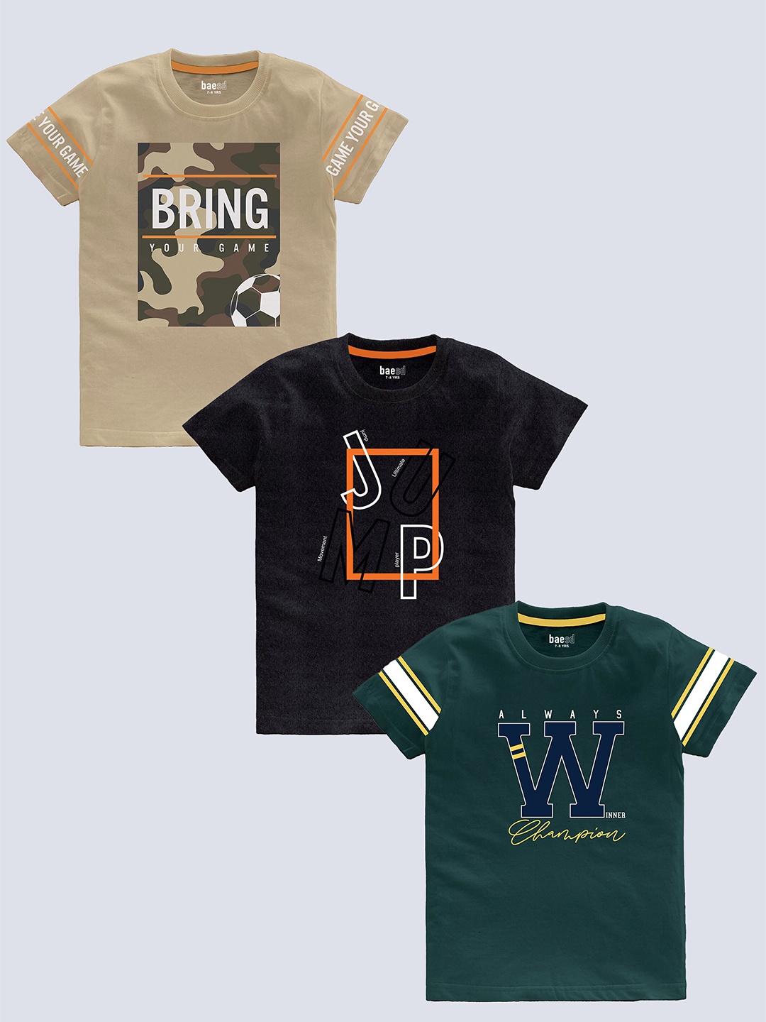 BAESD Boys Pack Of 3 Typography Printed Pure Cotton Casual T-shirt, Beige