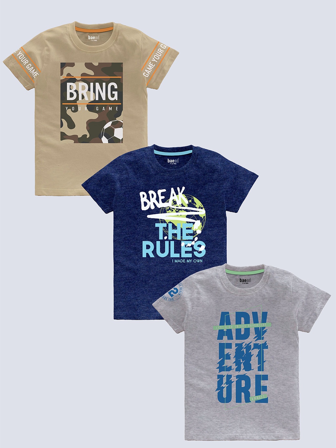 BAESD Boys Pack Of 3 Typography Printed Pure Cotton Casual T-shirt, Beige
