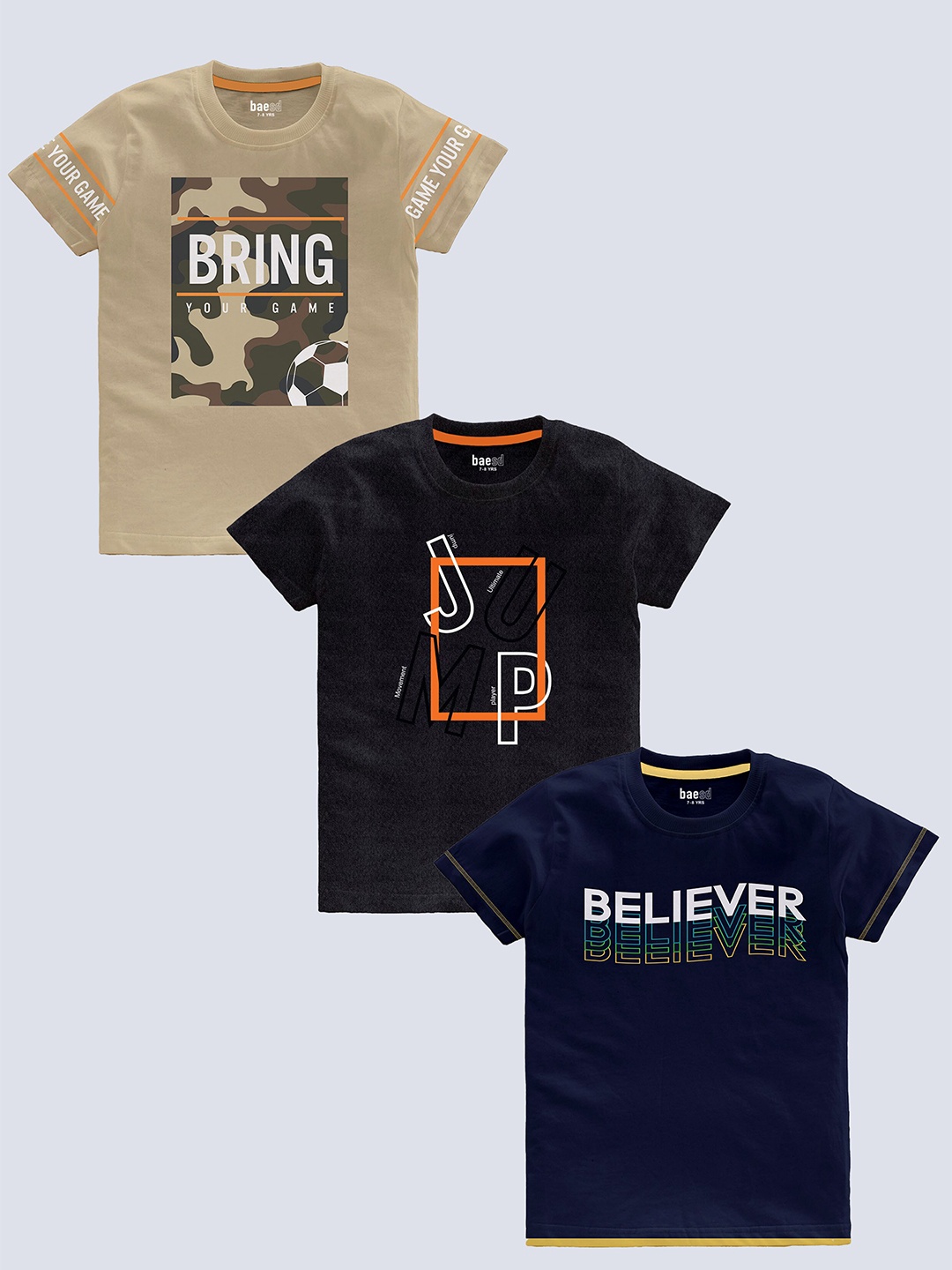 

BAESD Boys Pack Of 3 Typography Printed Pure Cotton Casual T-shirt, Beige