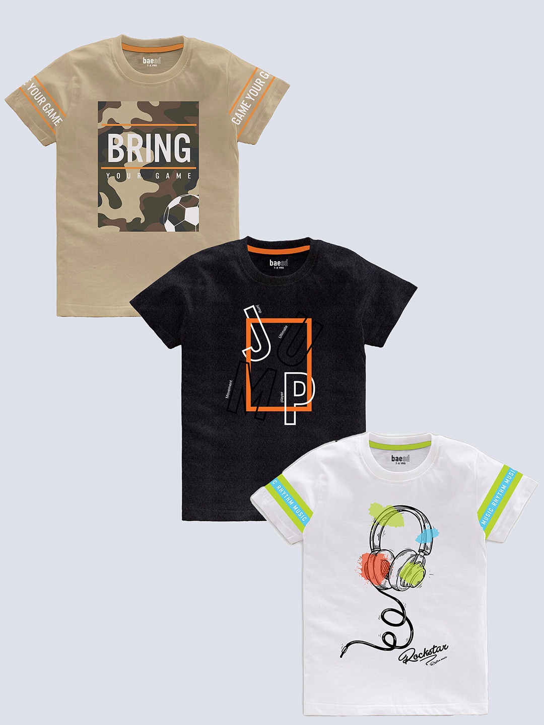 

BAESD Boys Pack Of 3 Typography Printed Pure Cotton Casual T-shirt, Beige