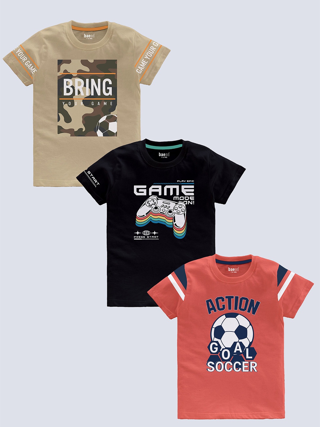 

BAESD Boys Pack Of 3 Typography Printed Pure Cotton Casual T-shirt, Beige