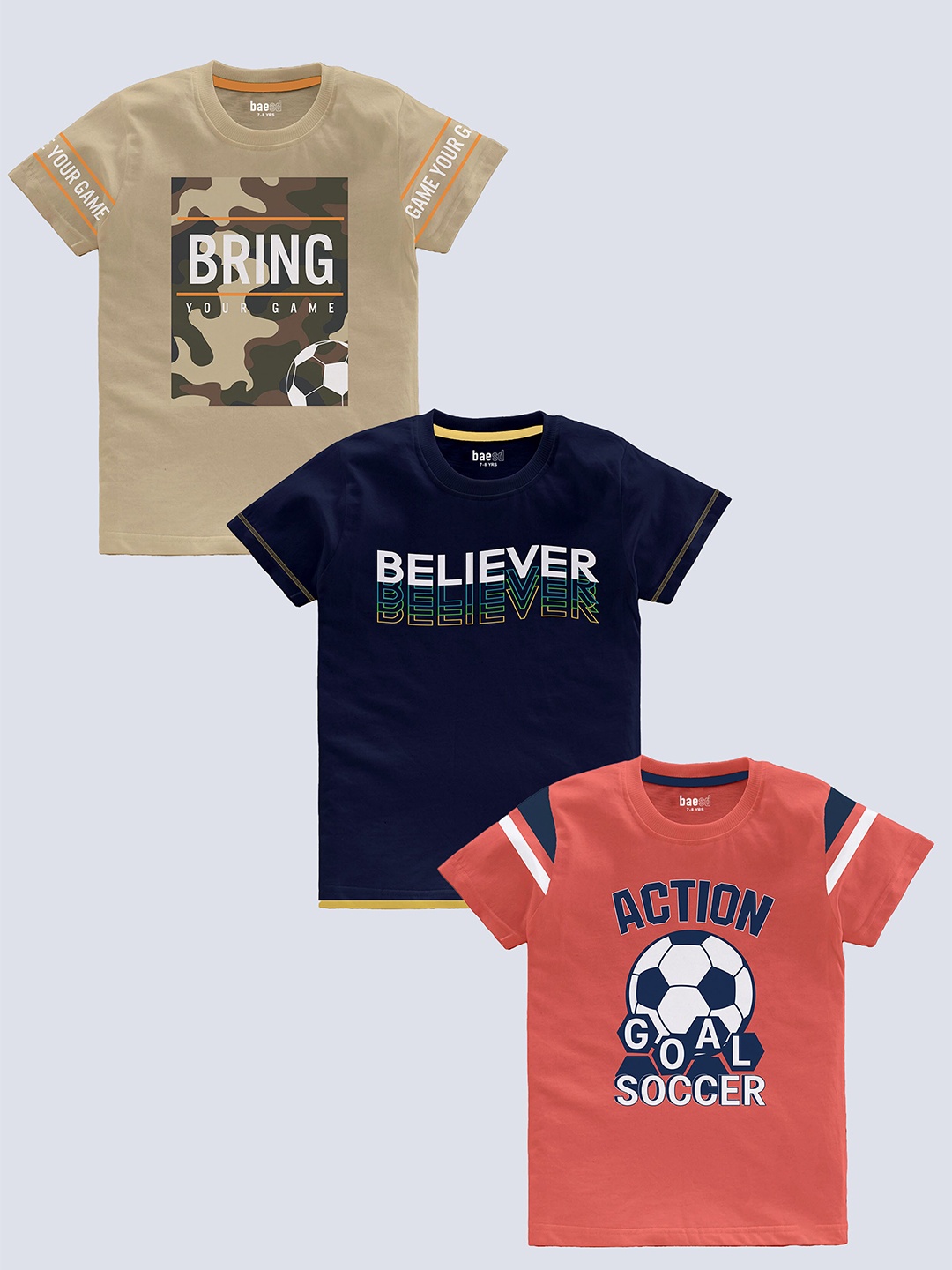 

BAESD Boys Pack Of 3 Typography Printed Pure Cotton Casual T-shirt, Beige