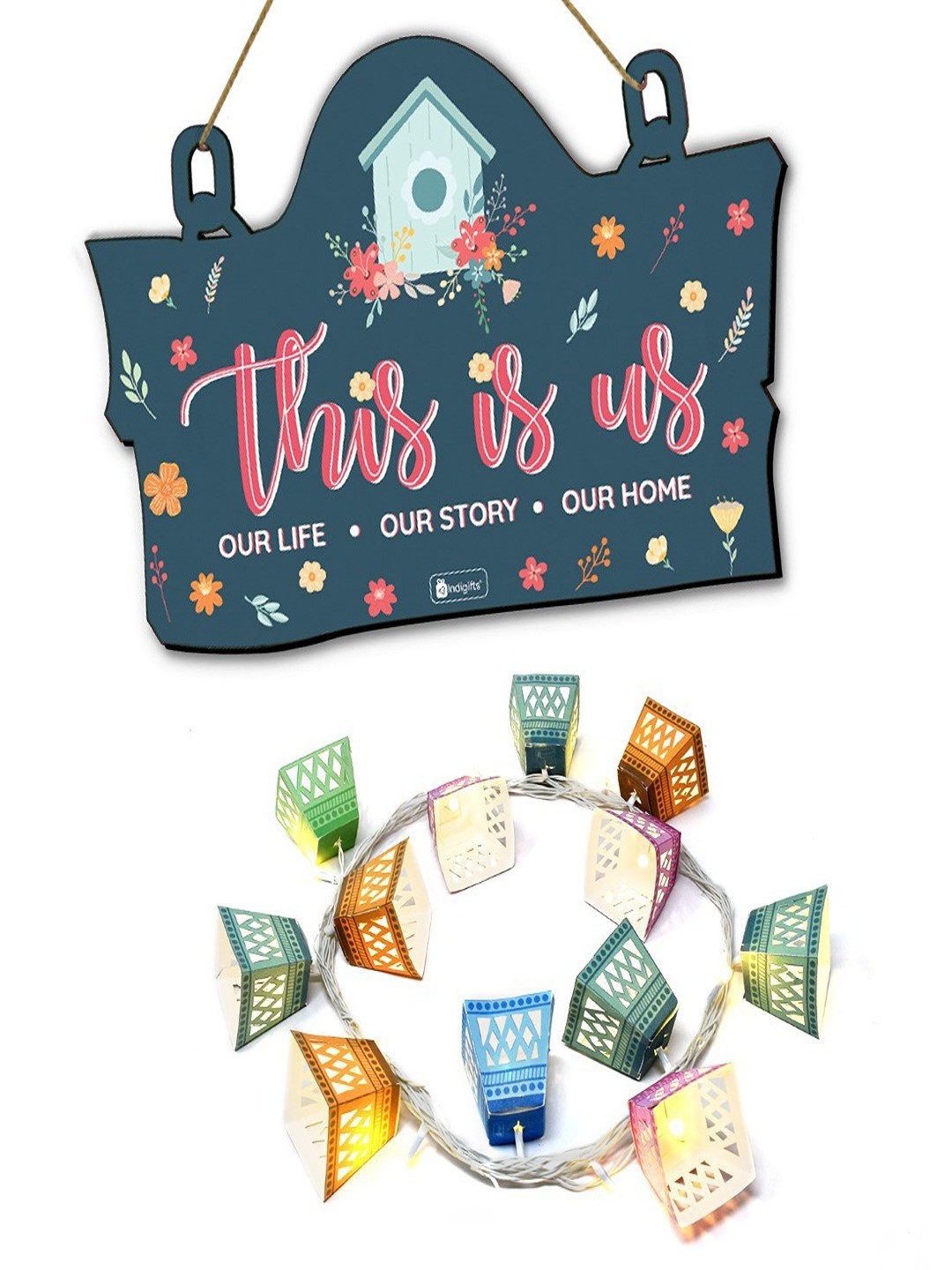 

Indigifts Blue Printed Wooden Wall Hanging With Diwali Set