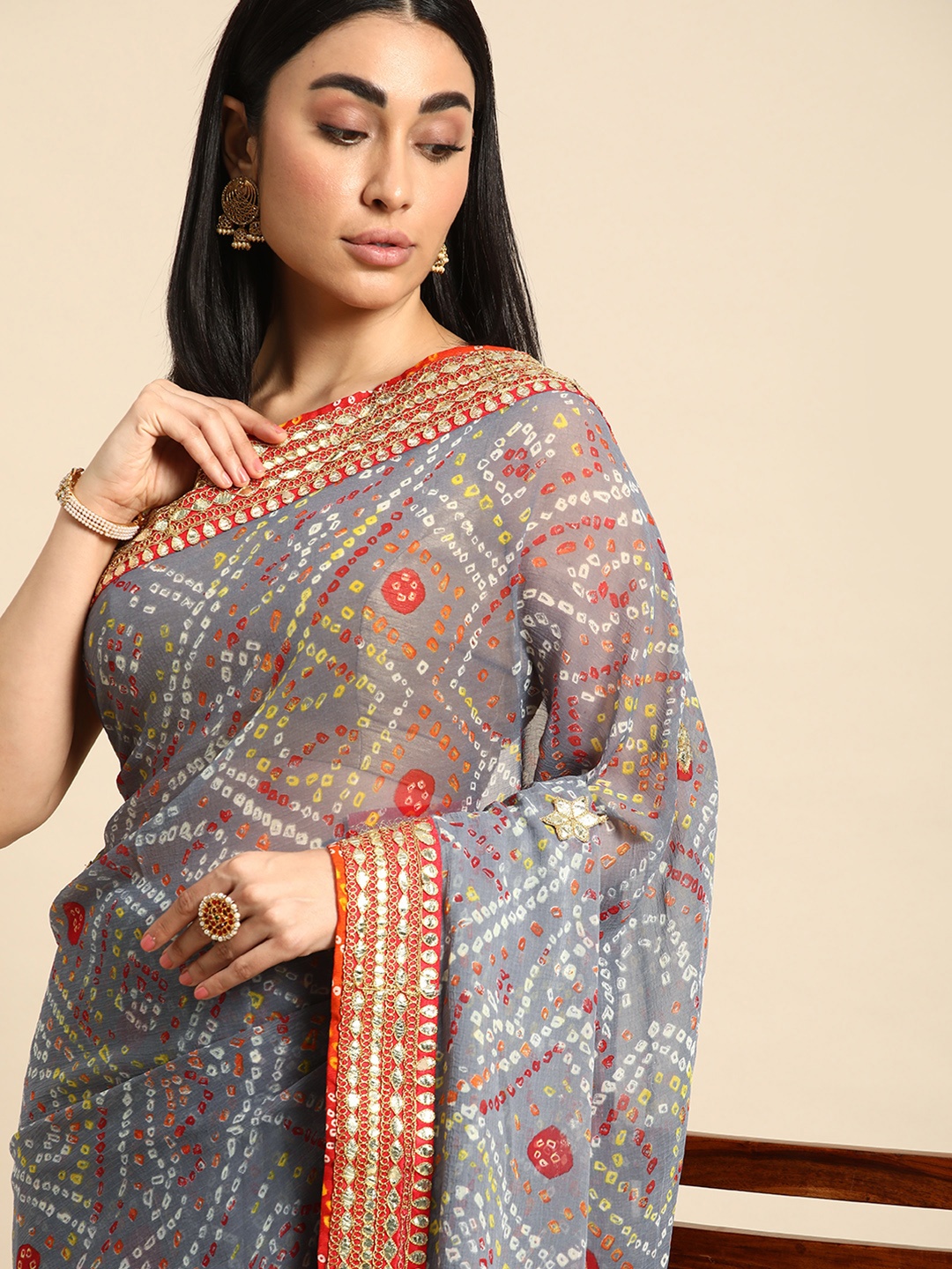 

Mitera Gotta Patti Poly Georgette Bandhani Saree, Grey