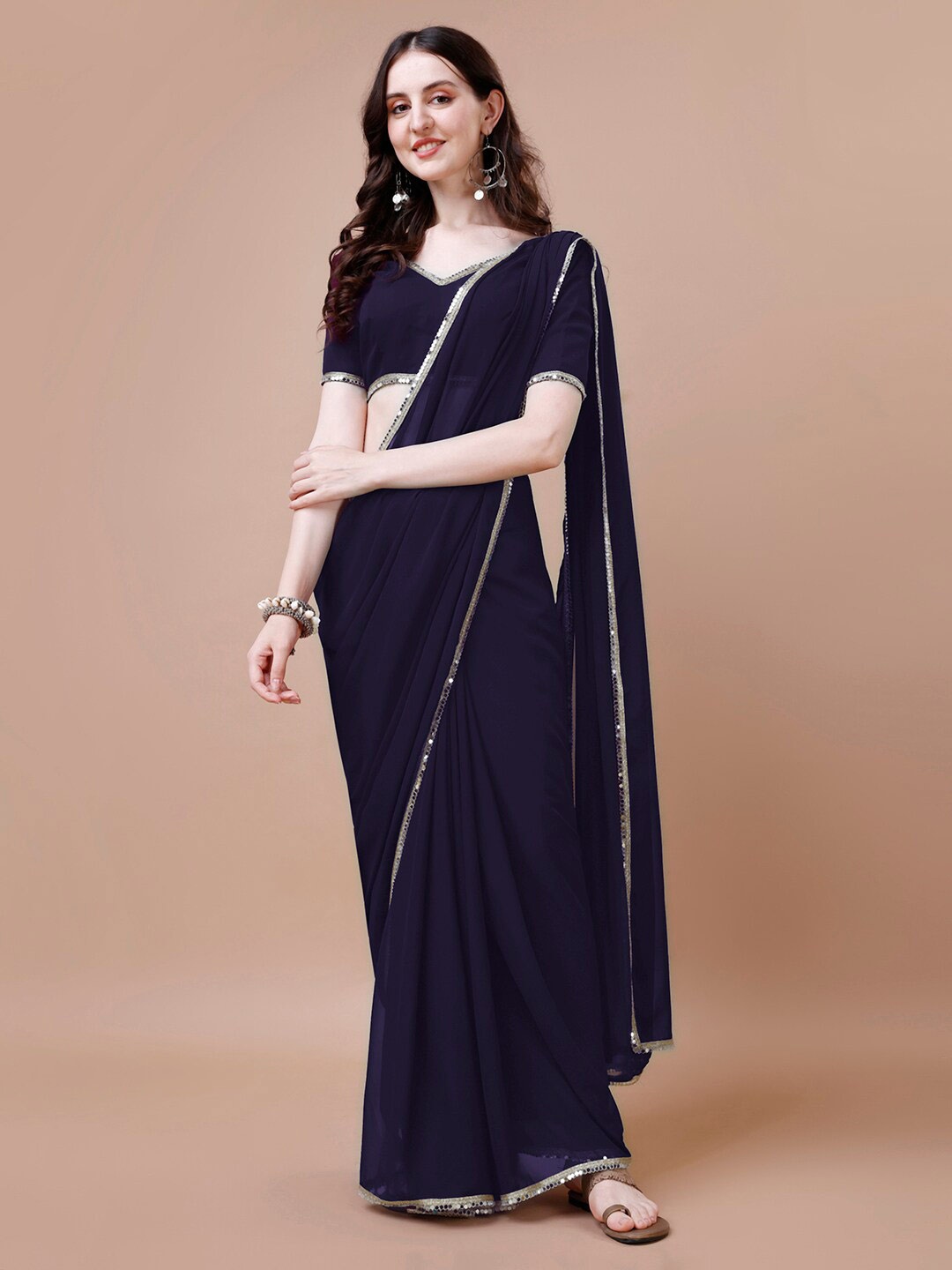 

FORKEY Embroidered Pure Georgette Saree, Navy blue