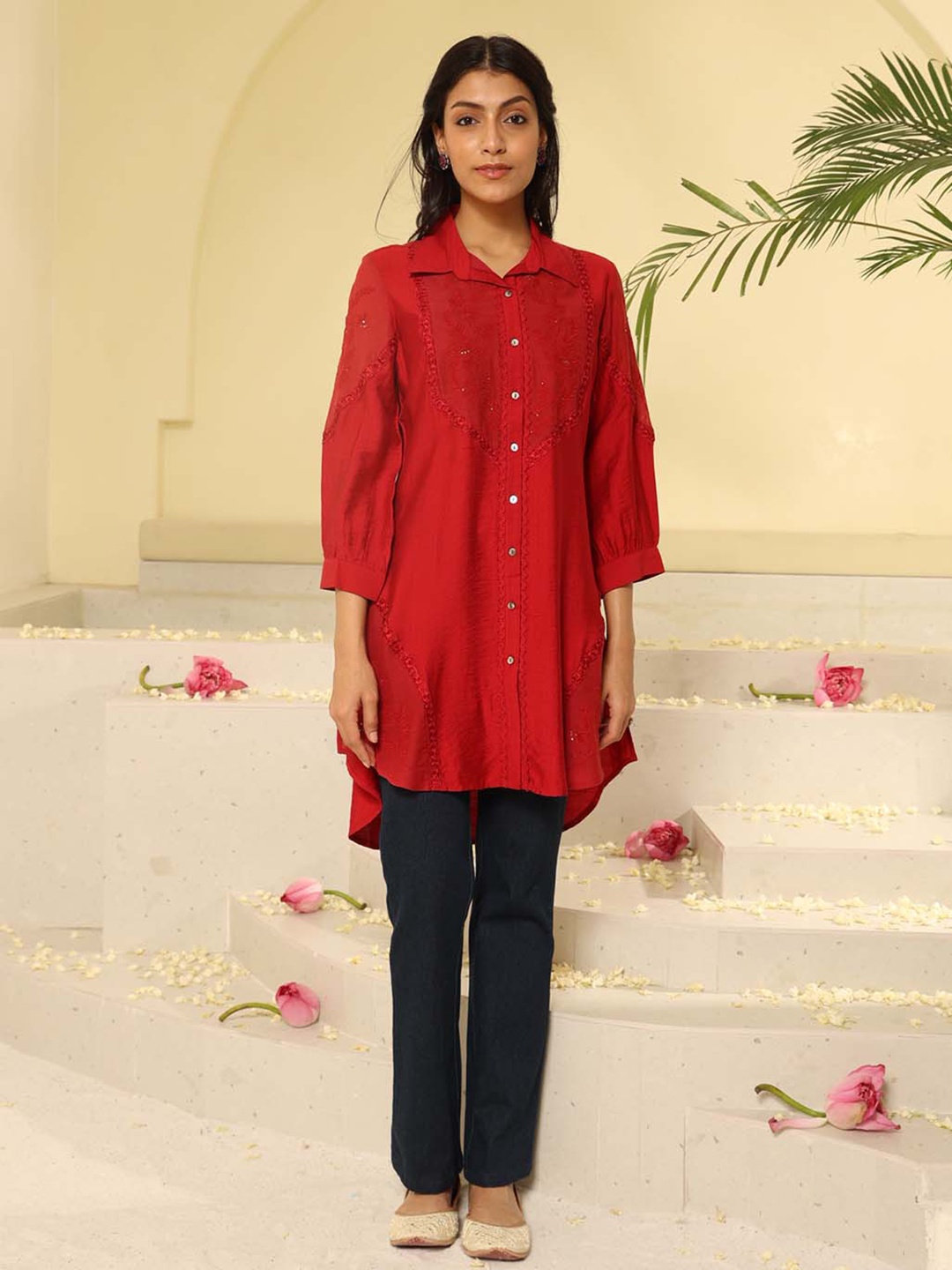

Lakshita Floral Embroidered Shirt Collar Tunic, Red