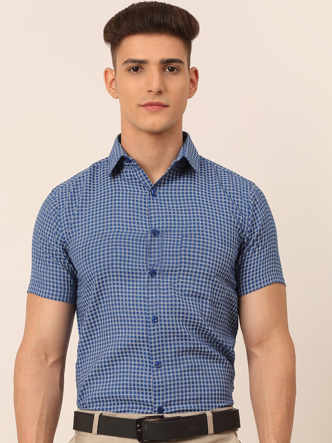 

JAINISH Classic Grid Tattersall Checked Pure Cotton Formal Shirt, Blue