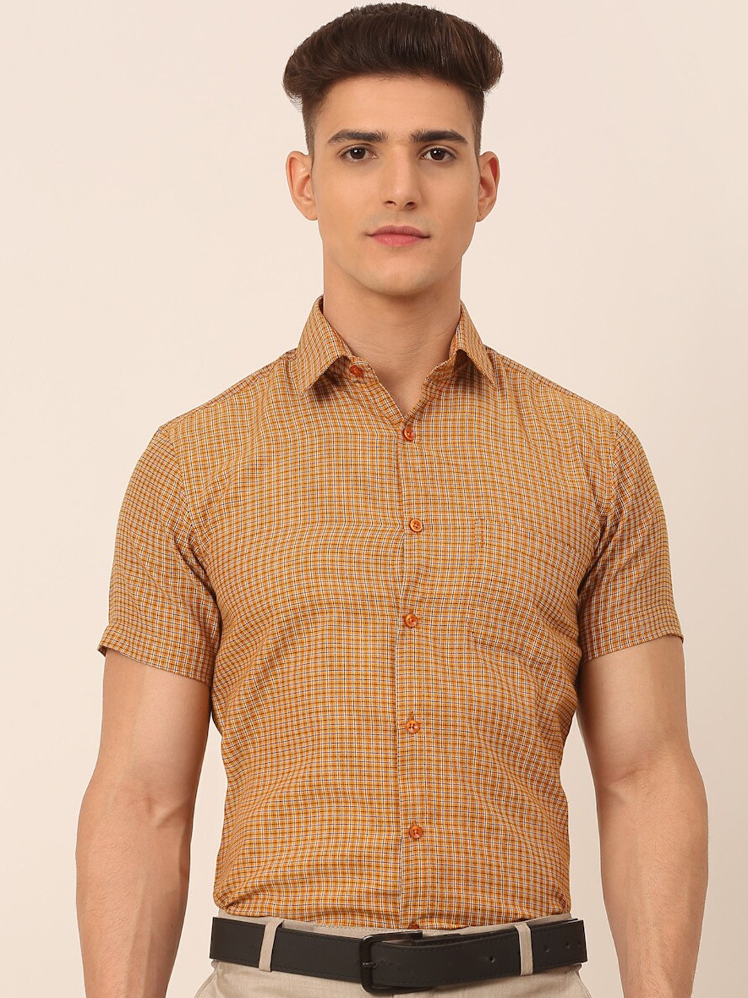 

JAINISH Classic Grid Tattersall Checked Pure Cotton Formal Shirt, Mustard