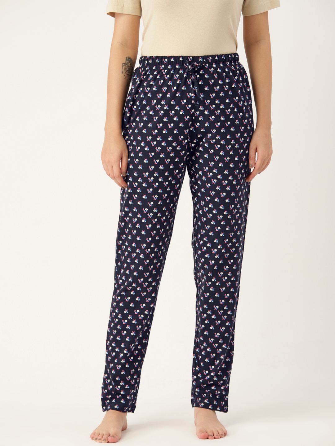 

ETC Floral Printed Pure Cotton Lounge Pants, Navy blue