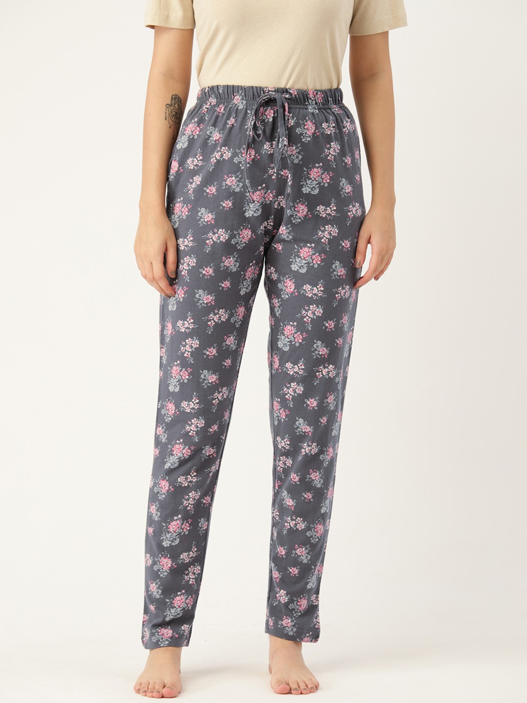 

ETC Floral Printed Pure Cotton Lounge Pants, Grey