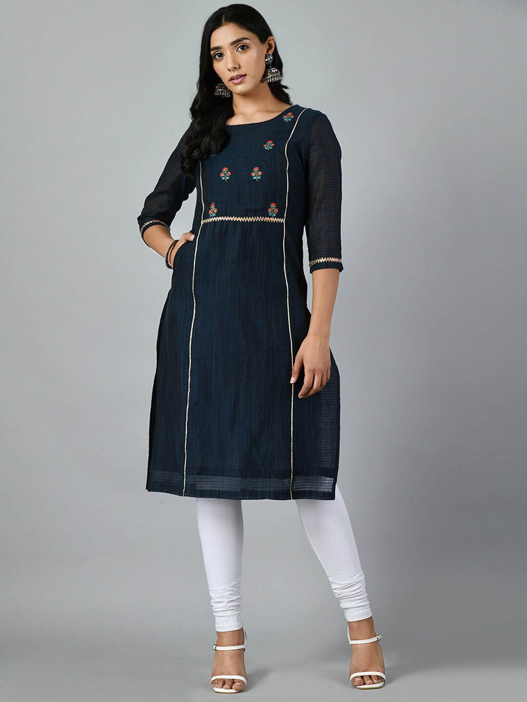 

KALINI Floral Yoke Design Gotta Patti A-Line Chanderi Cotton Kurta, Navy blue