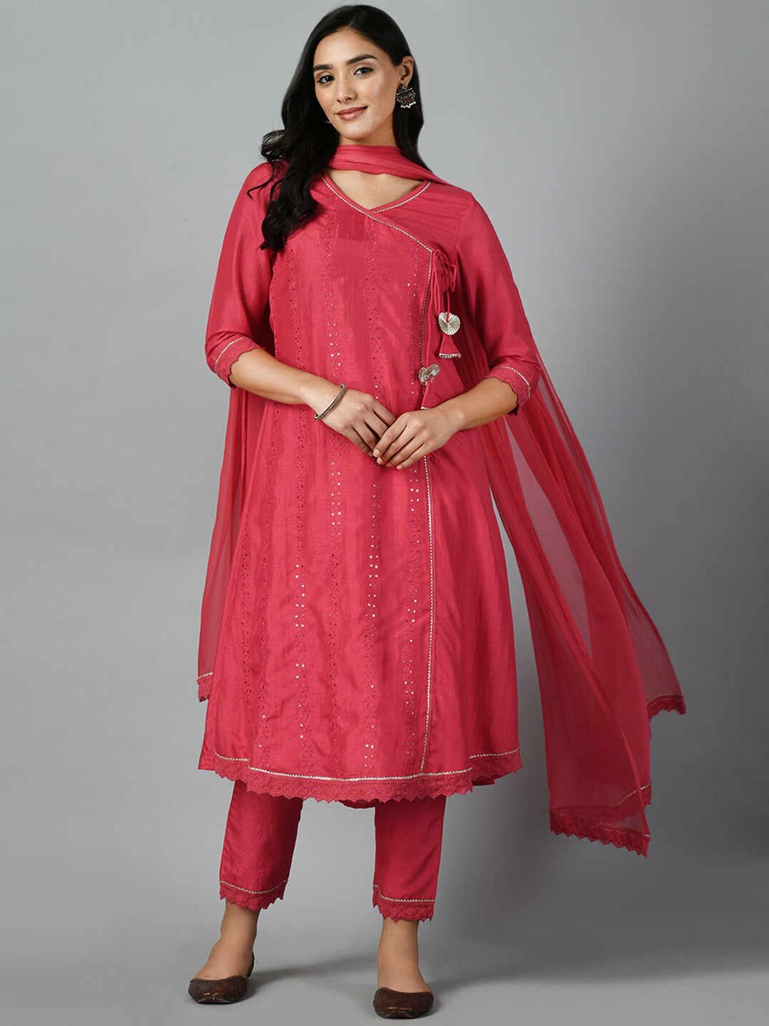 

KALINI Ethnic Motifs Embroidered Angrakha Thread Work Kurta With Trousers & Dupatta, Magenta