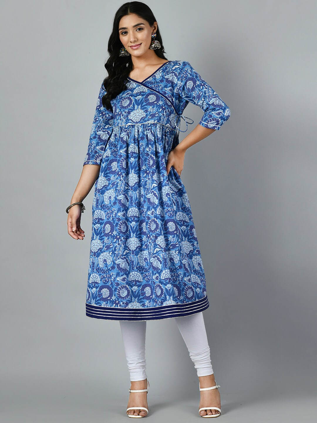 

KALINI Floral Printed V-Neck Cotton Anarkali Kurta, Blue