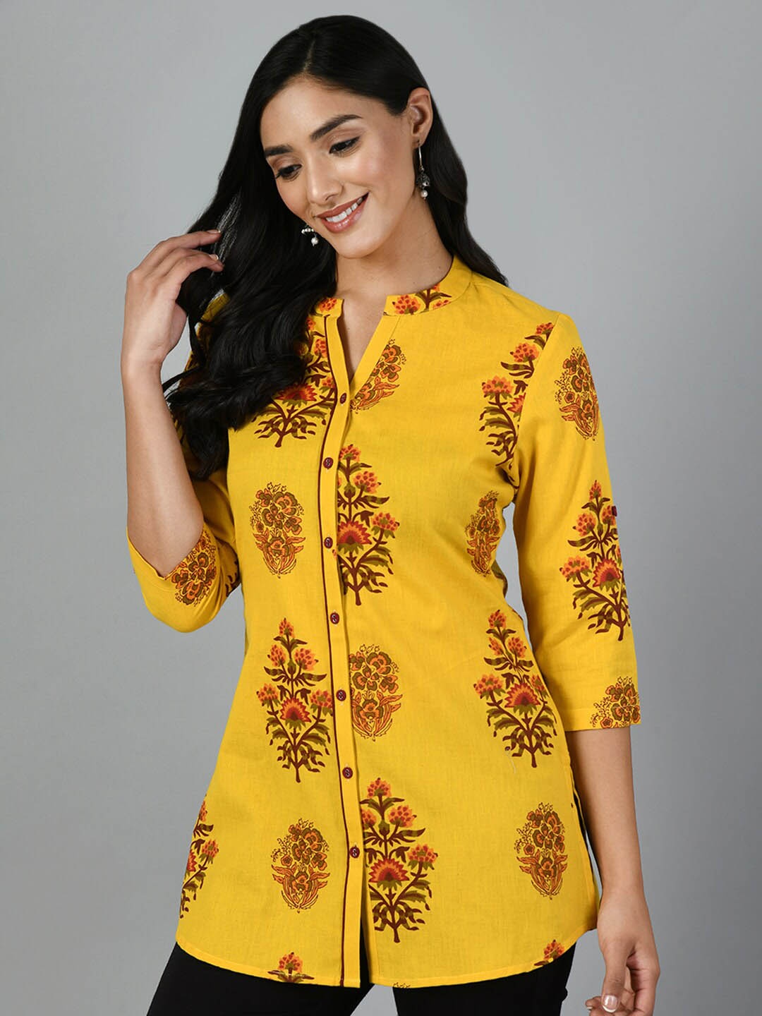 

KALINI Floral Printed Mandarin Collar Cotton Ethnic Tunic, Mustard