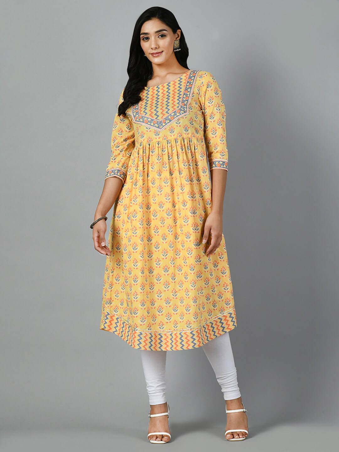

KALINI Ethnic Motifs Printed Gotta Patti Empire Cotton Kurta, Yellow