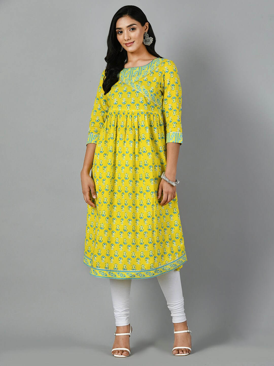 

KALINI Ethnic Motifs Printed Gotta Patti A-Line Cotton Kurta, Yellow