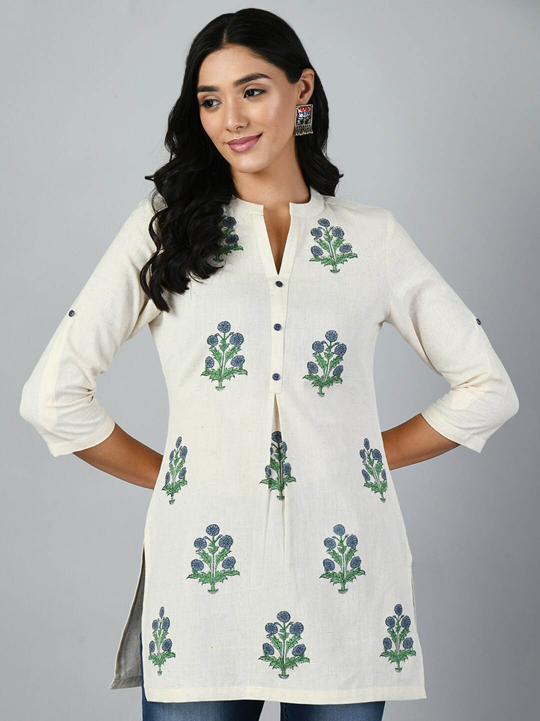 

KALINI Floral Printed Mandarin Collar Cotton Ethnic Tunic, Cream