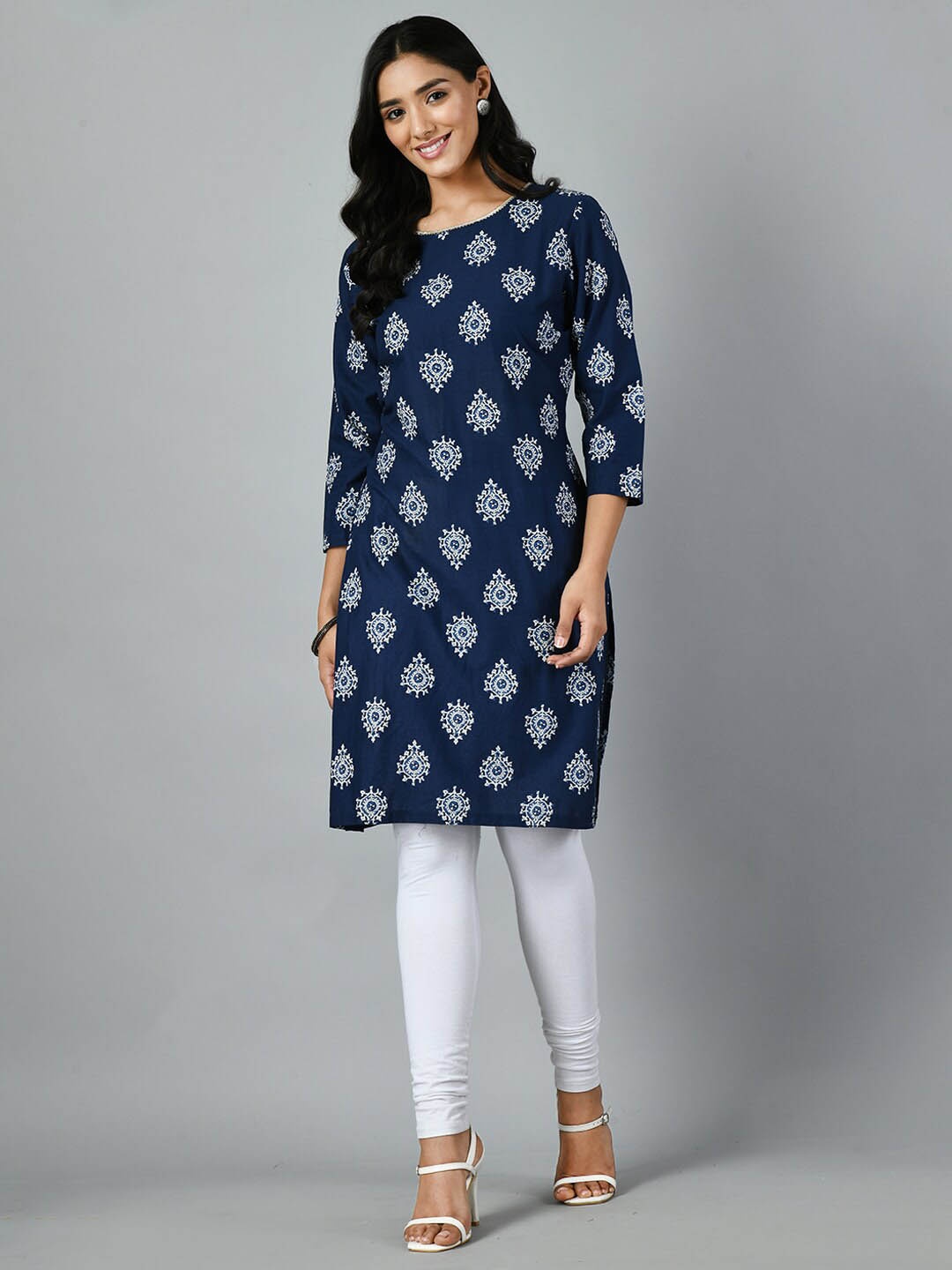 

KALINI Ethnic Motifs Printed Gotta Patti Straight Cotton Kurta, Blue