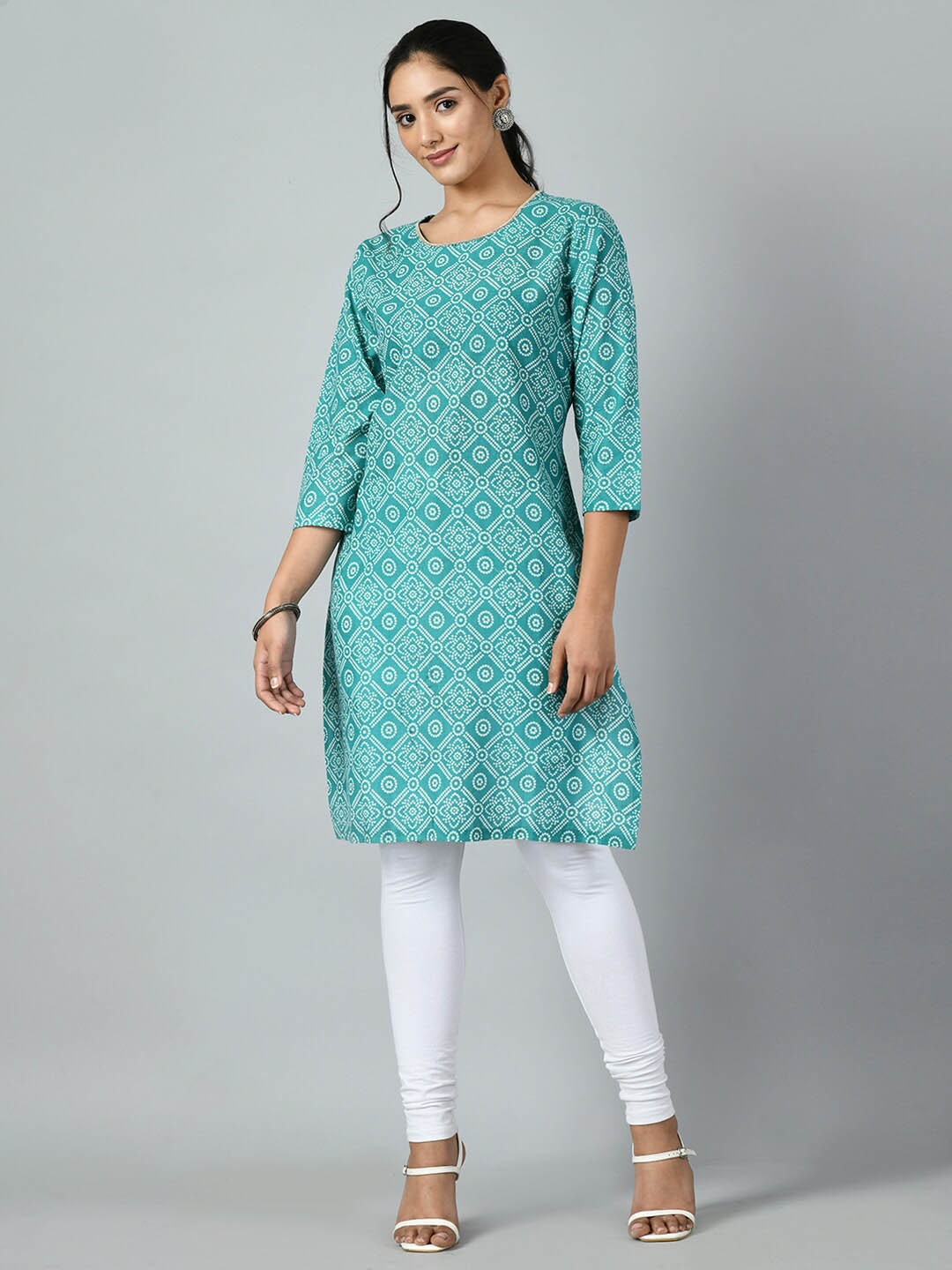

KALINI Bandhani Printed Gotta Patti Straight Cotton Kurta, Turquoise blue