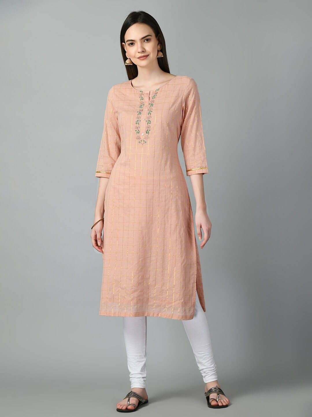 

KALINI Checked Thread Work Cotton Kurta, Peach