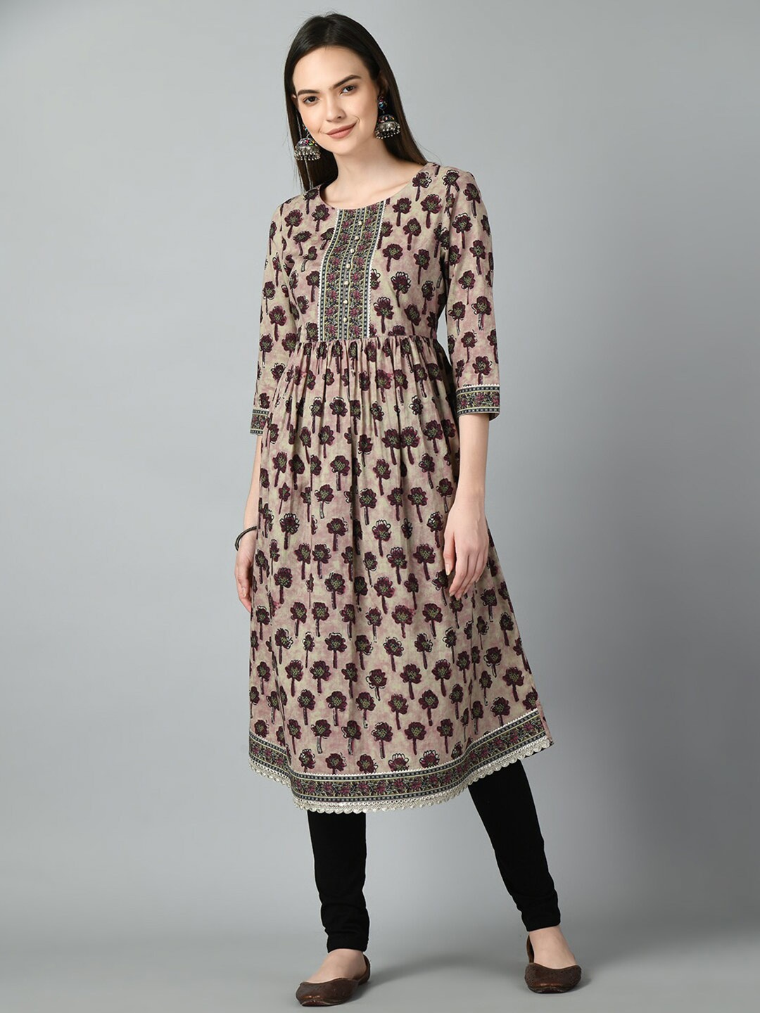 

KALINI Printed A-Line Kurta, Burgundy