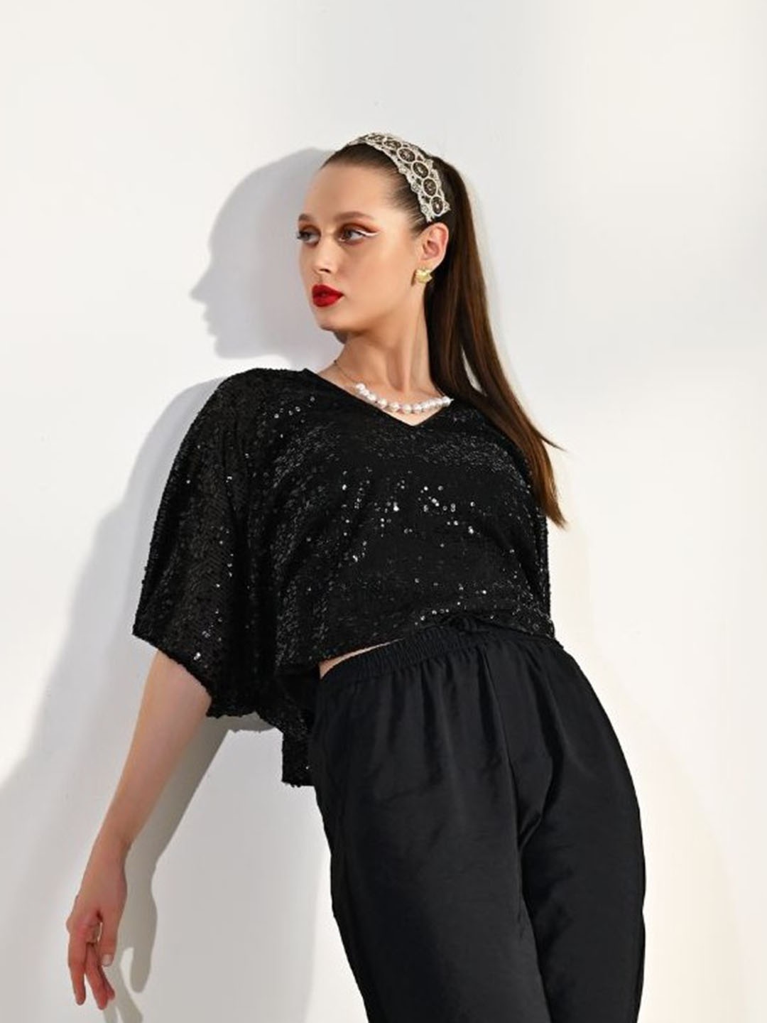 

Taurus Embellished Flared Sleeves Crop Top, Black