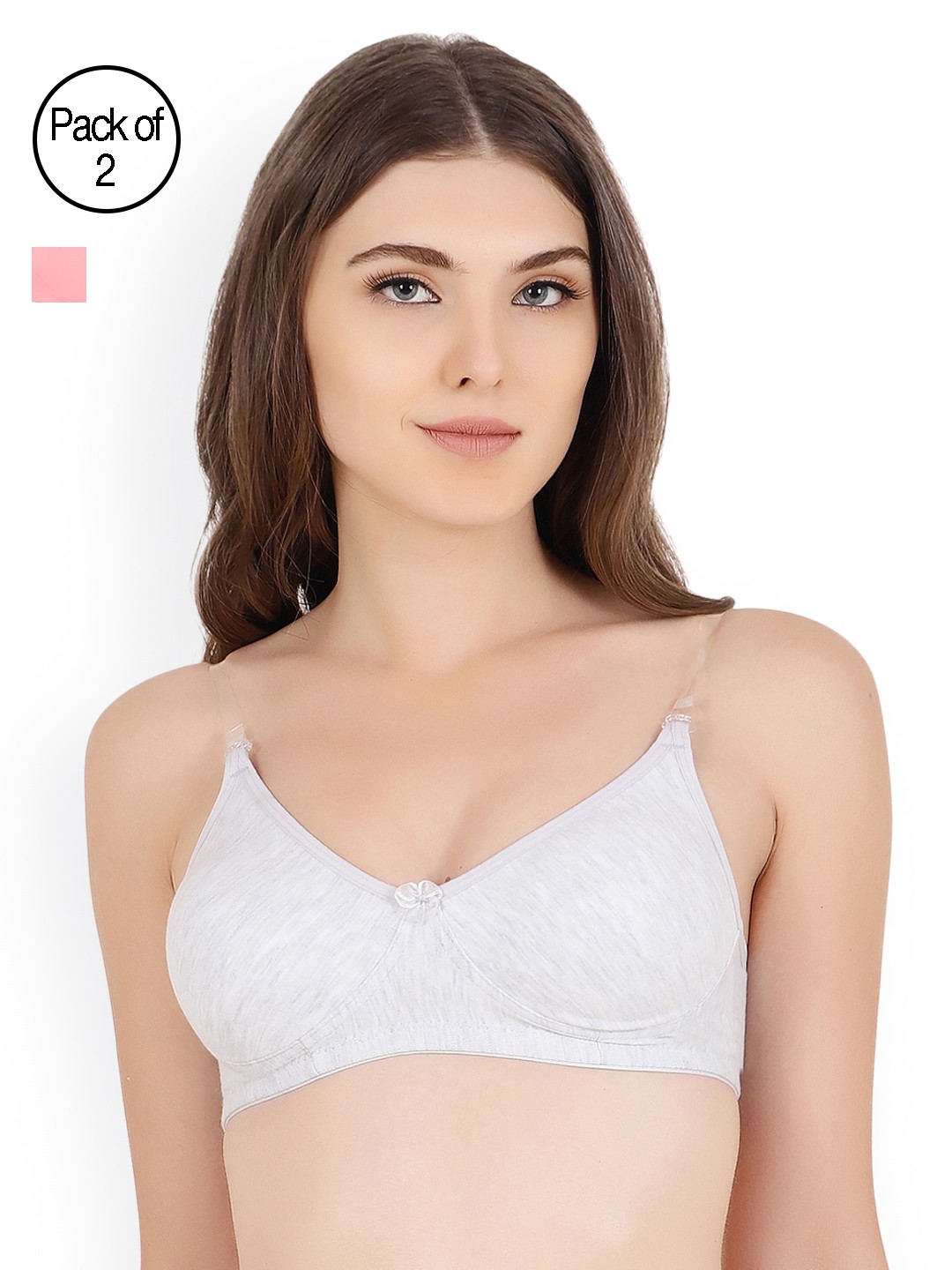 

Floret Pack Of Two Solid Seamless Non Padded T-shirt Bras, Grey melange