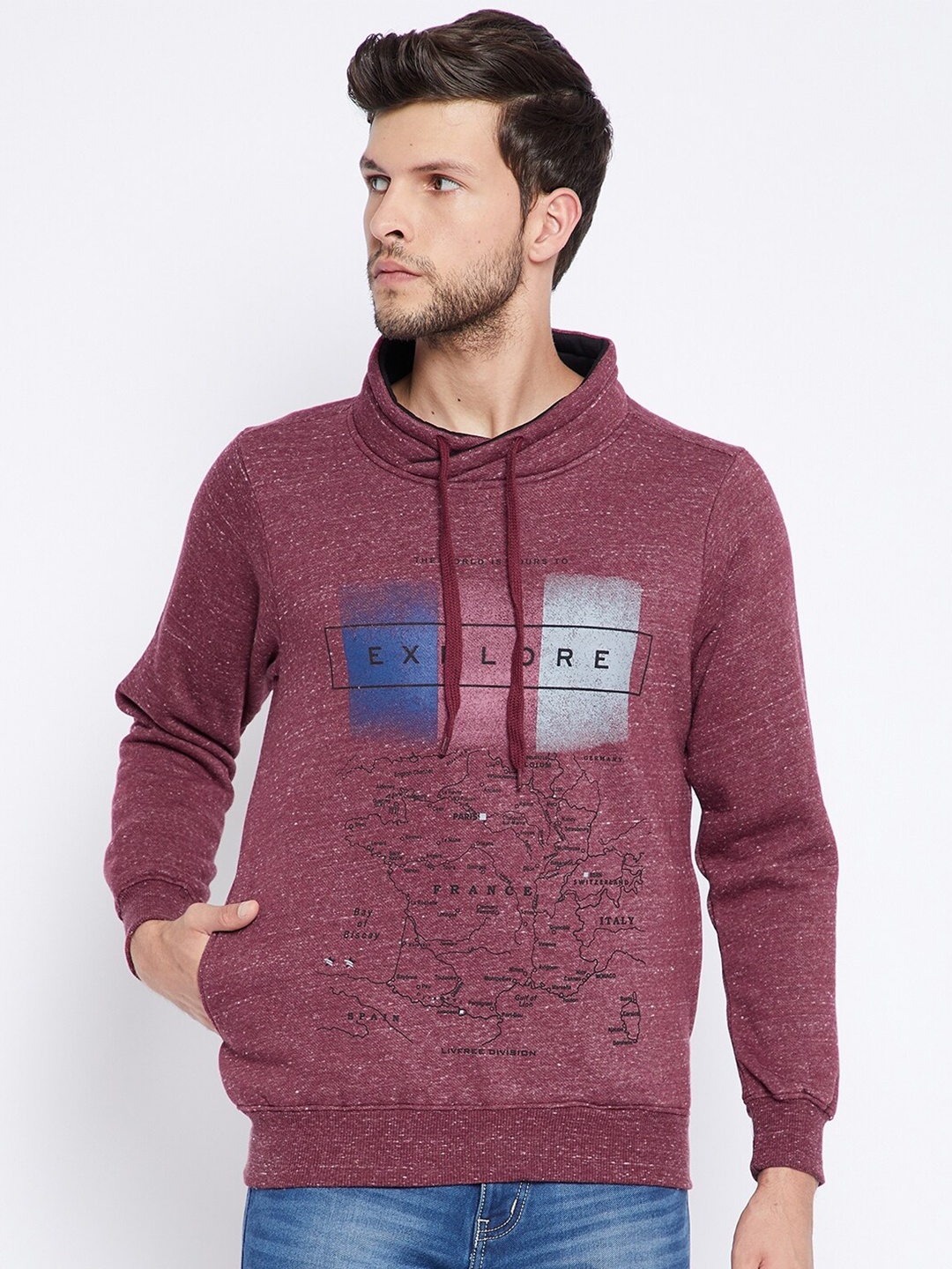 

NEVA Hooded Typography Printed Fleece Front Open Sweatshirt, Maroon