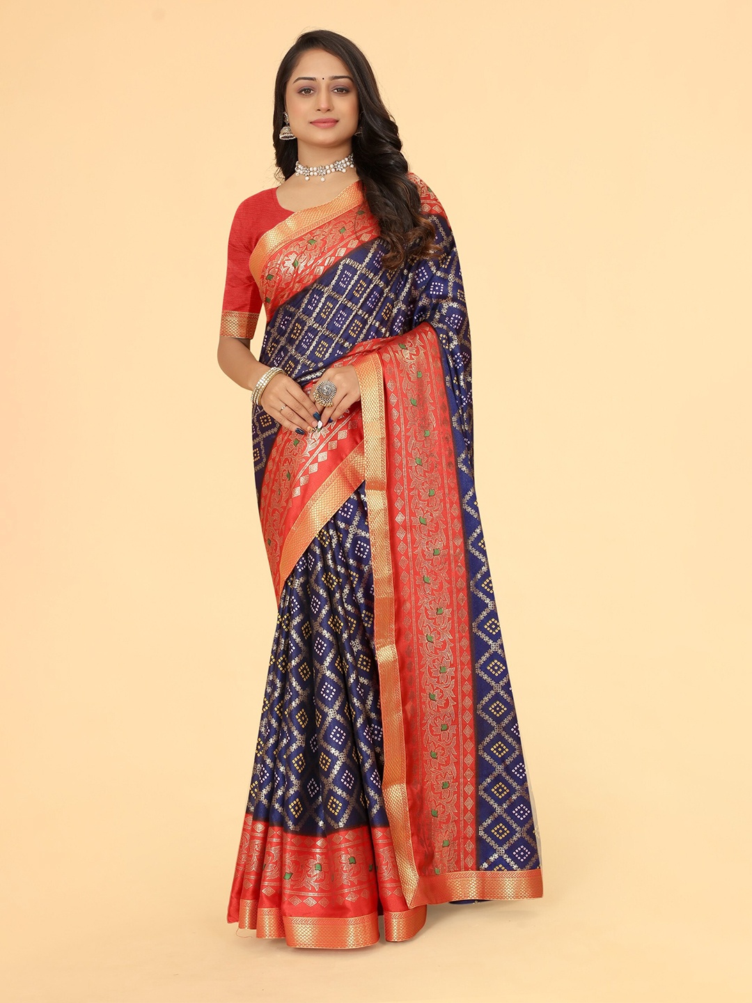 

B4ME.COM Geometric Woven Design Zari Patola Saree, Navy blue