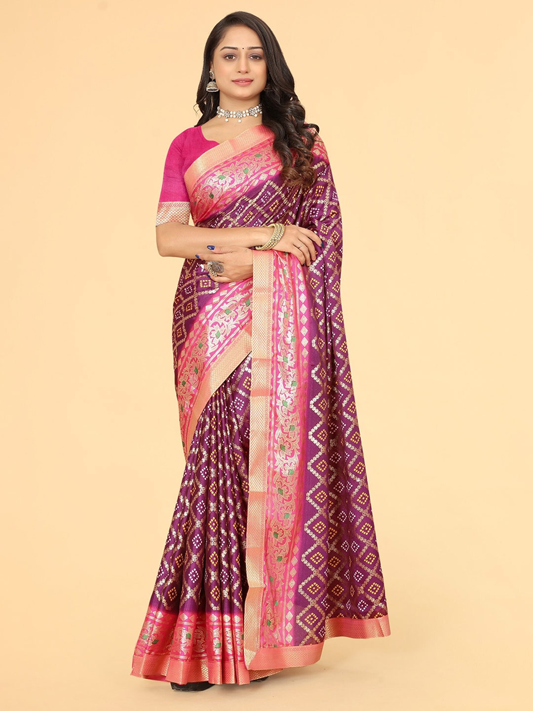 

B4ME.COM Ethnic Motif Printed Zari Patola Saree, Purple