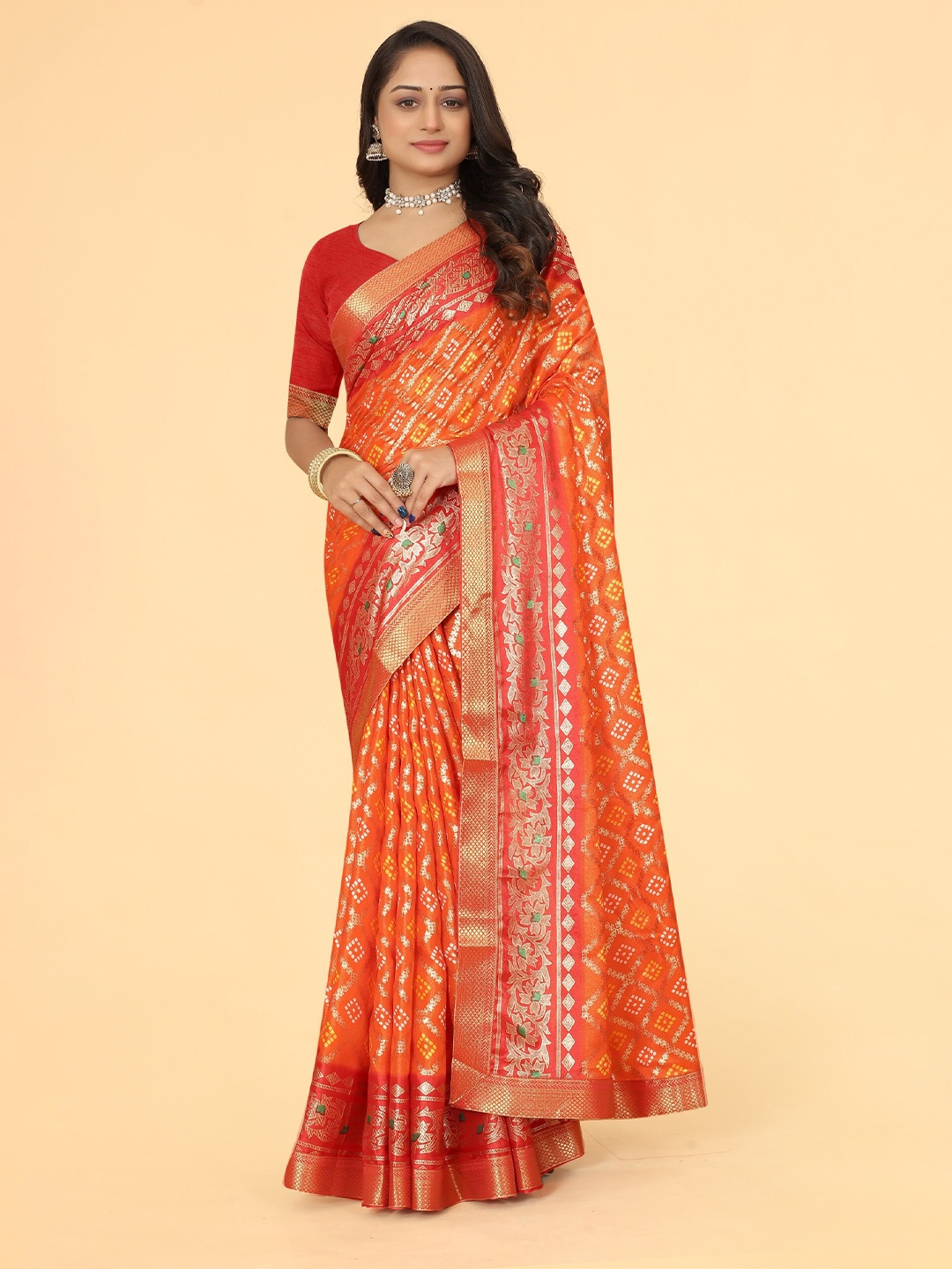 

B4ME.COM Geometric Woven Design Zari Patola Saree, Orange