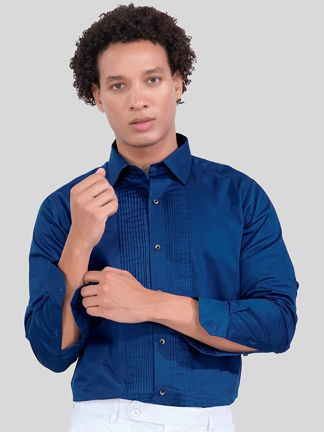 

FRENCH CROWN Standard Pin Tucks Detail Cotton Formal Shirt, Blue