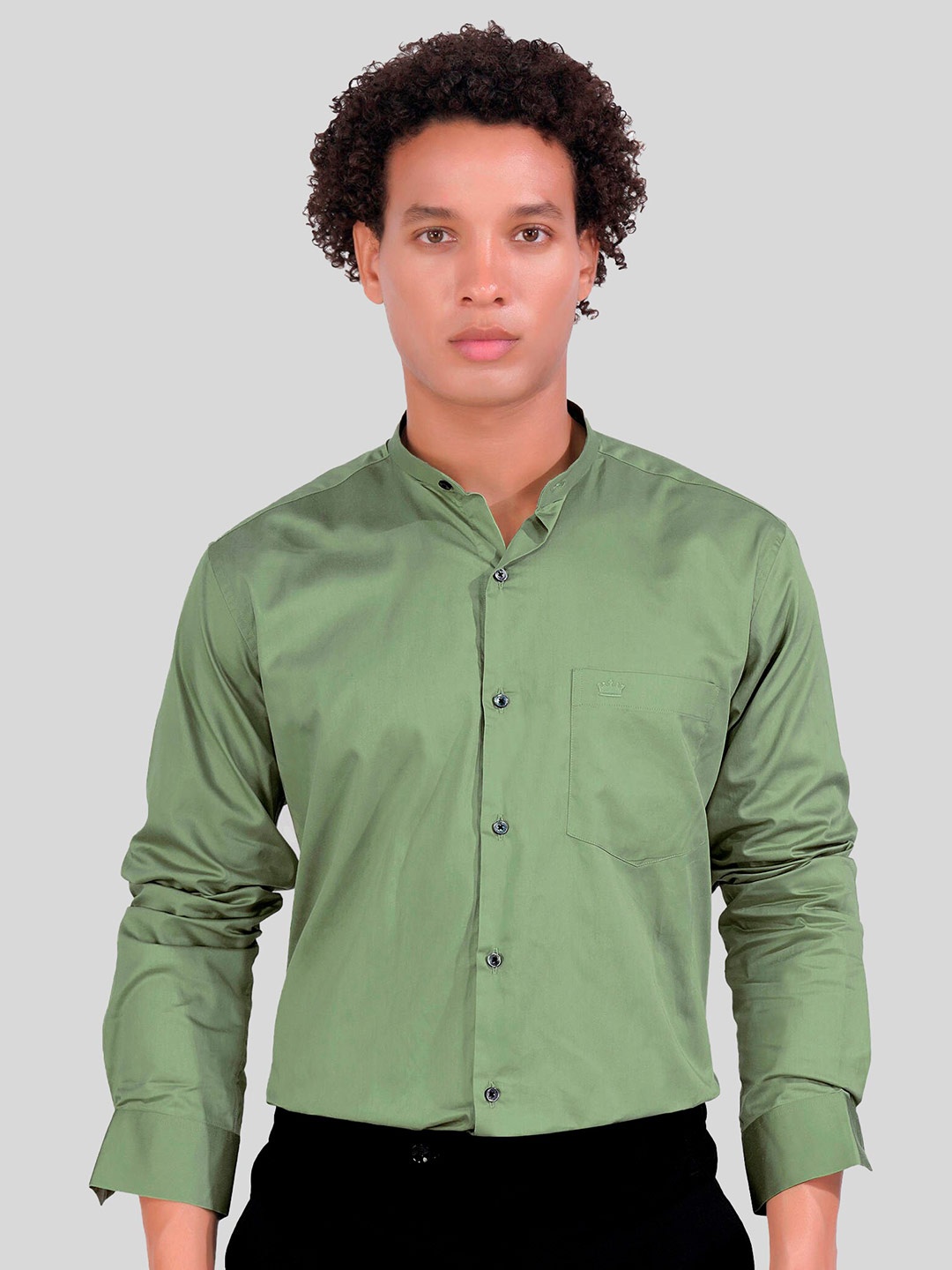 

FRENCH CROWN Standard Band Collar Cotton Casual Shirt, Green