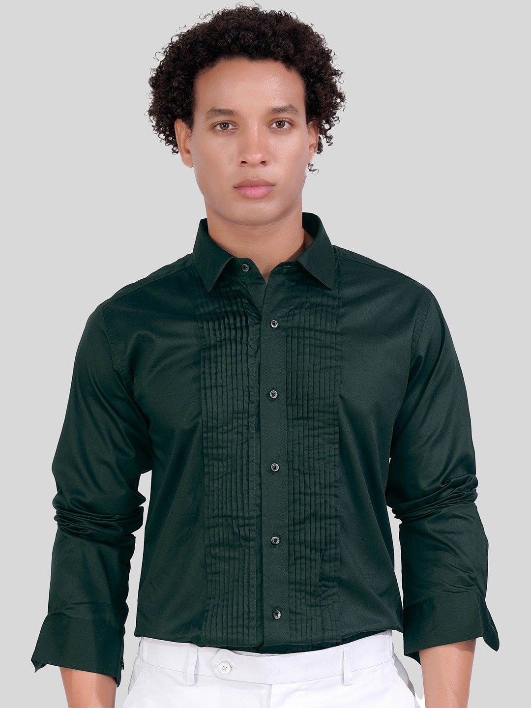 

FRENCH CROWN Standard Fit Pleats Detail Casual Cotton Shirt, Green