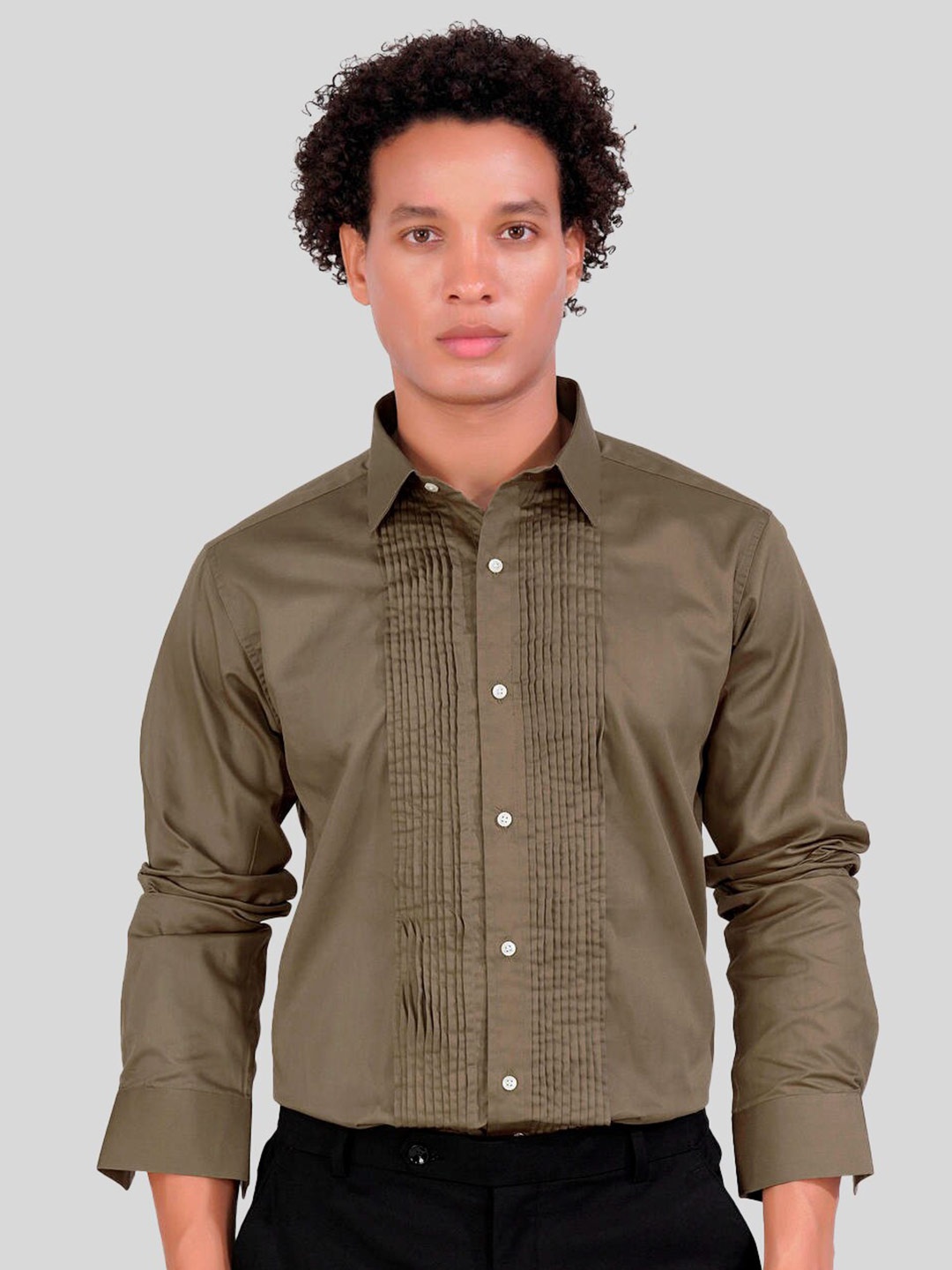 

FRENCH CROWN Accordion Pleated Standard Regular Fit Opaque Cotton Casual Shirt, Brown
