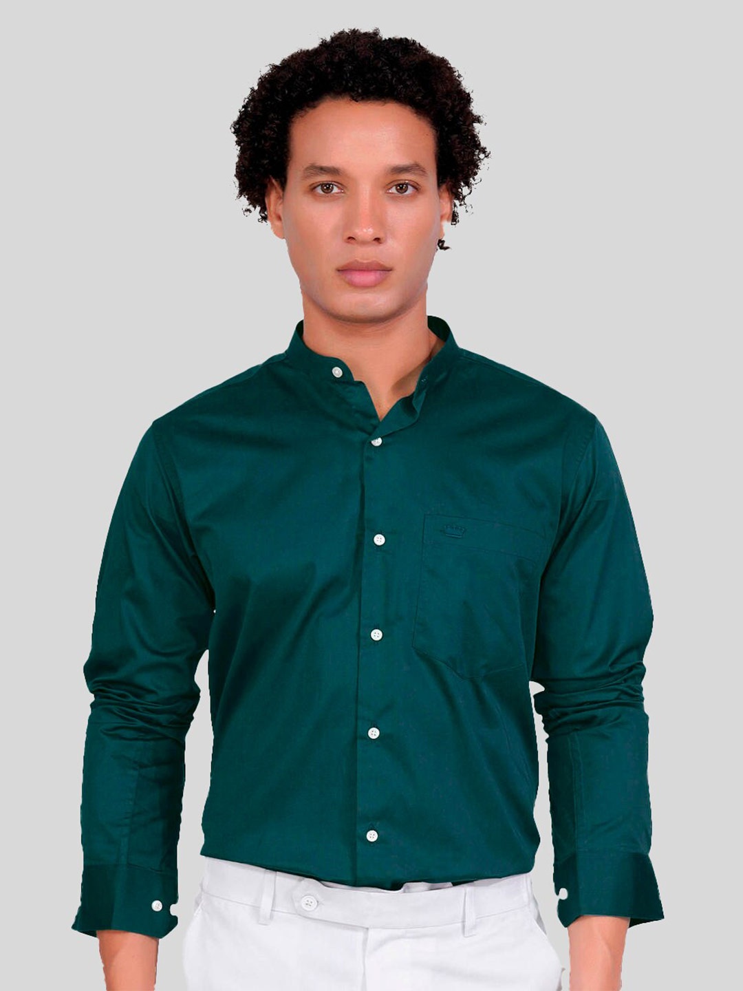 

FRENCH CROWN Standard Regular Fit Band Collar Long Sleeves Pocket Premium Cotton Shirt, Green