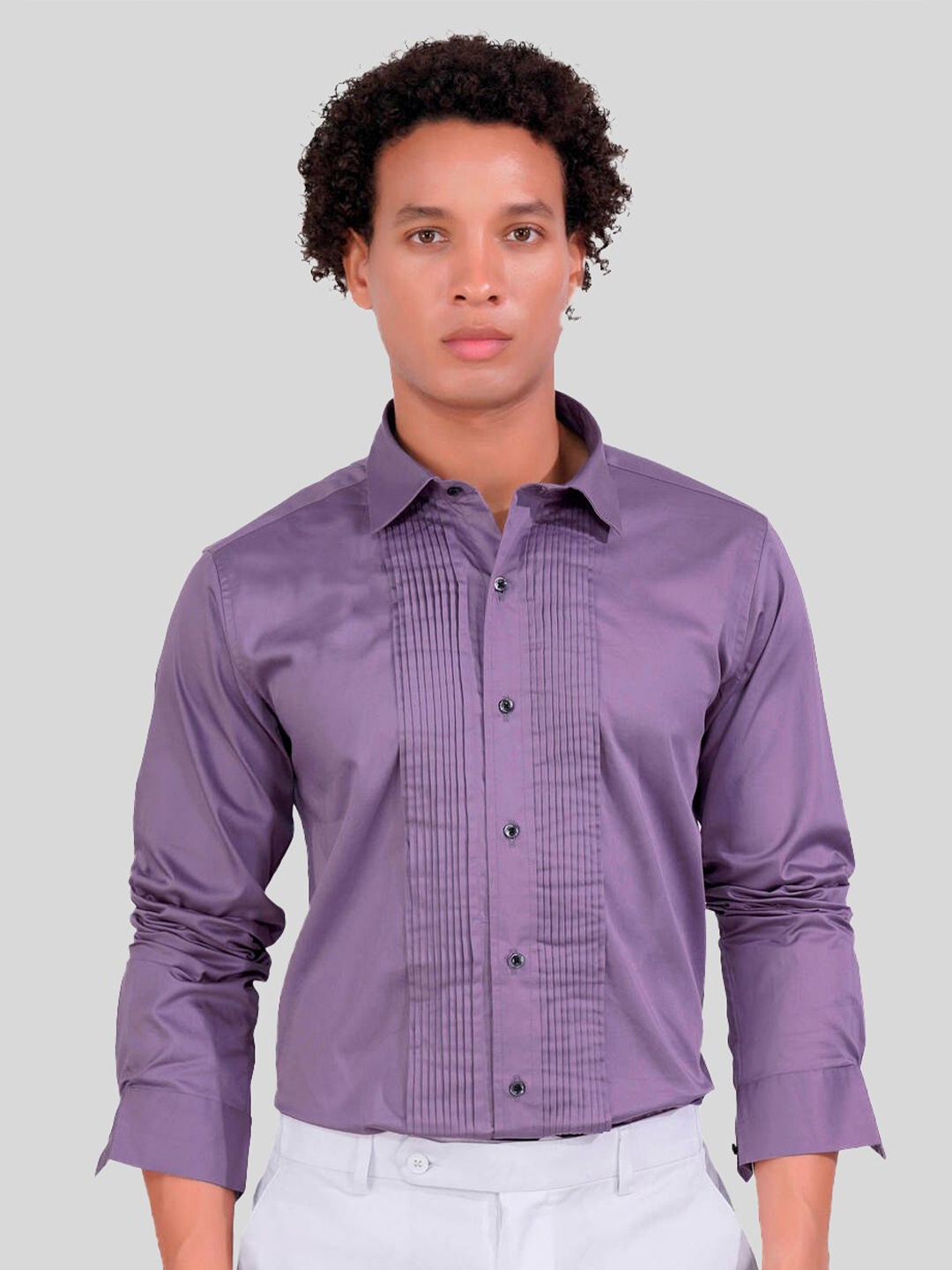 

FRENCH CROWN Accordion Pleated Standard Regular Fit Opaque Cotton Casual Shirt, Purple