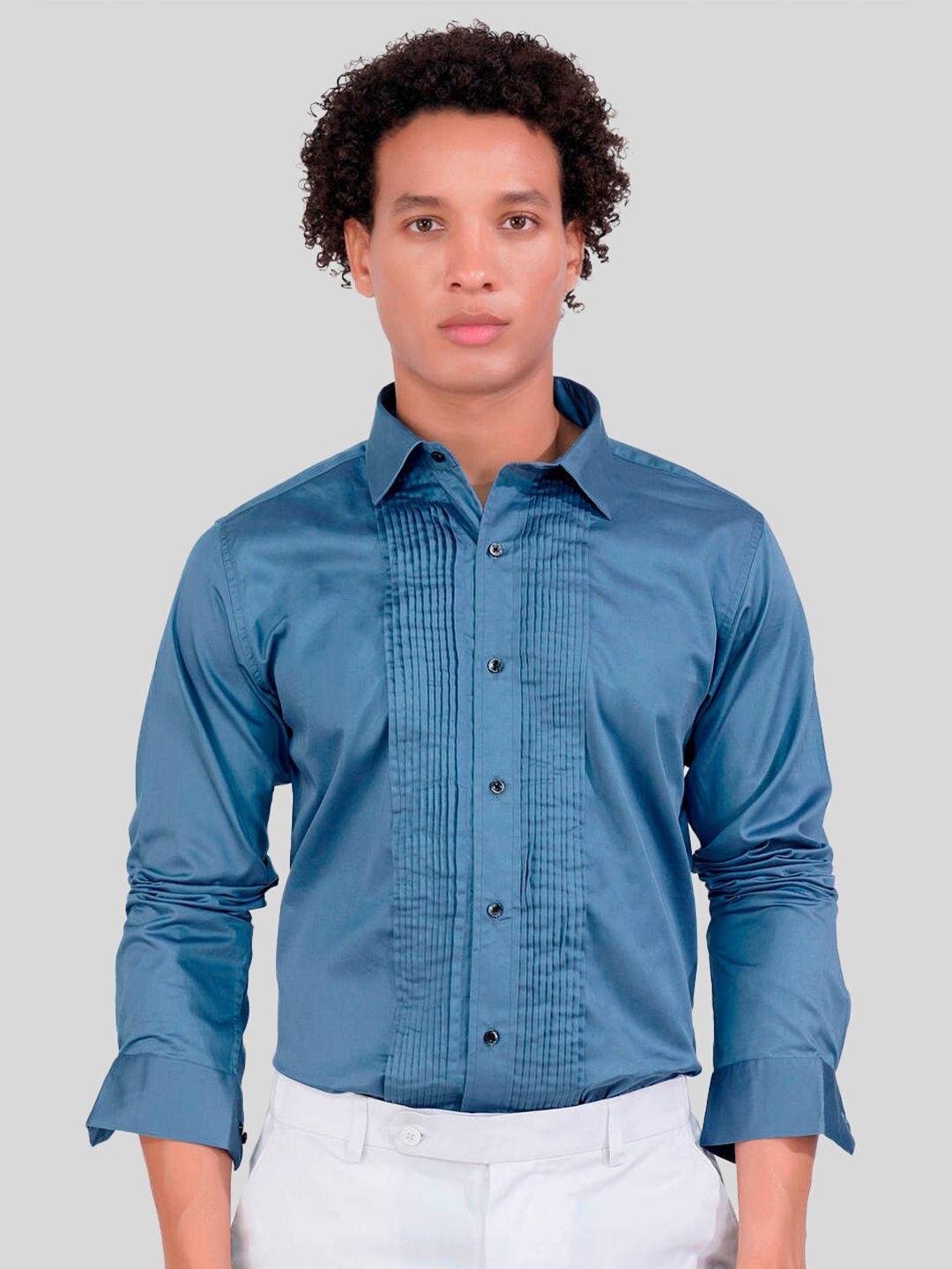 

FRENCH CROWN Standard Spread Collar Cotton Casual Shirt, Blue