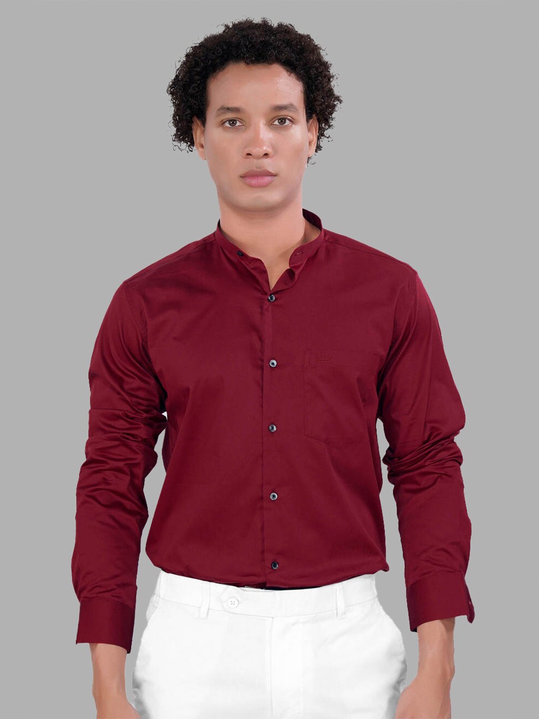 

FRENCH CROWN Band Collar Standard Pure Cotton Shirt, Red