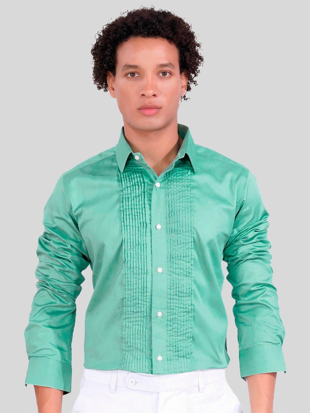 

FRENCH CROWN Standard Pin Tucks Detail Cotton Formal Shirt, Green