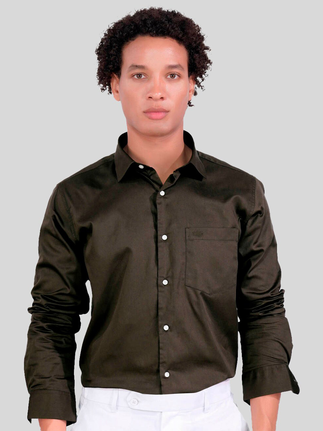 

FRENCH CROWN Standard Fit Spread Collar Cotton Casual Shirt, Olive