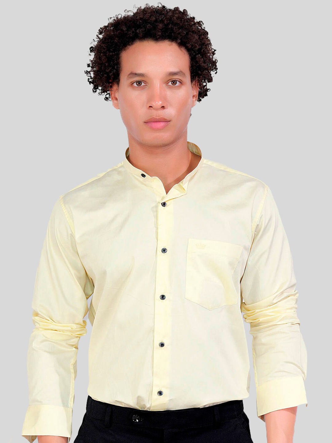 

FRENCH CROWN Standard Mandarin Collar Cotton Formal Shirt, Yellow